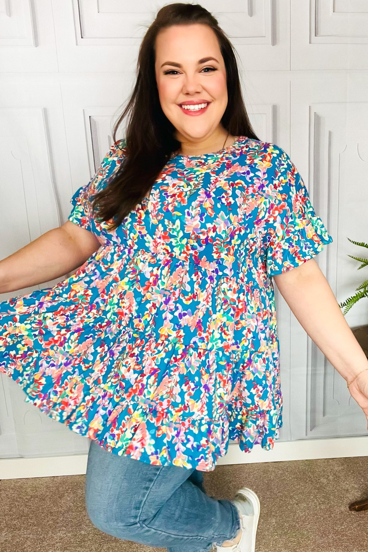Looking Your Way Blue Floral Ruffle Hem Tiered Top - Charming Charlie