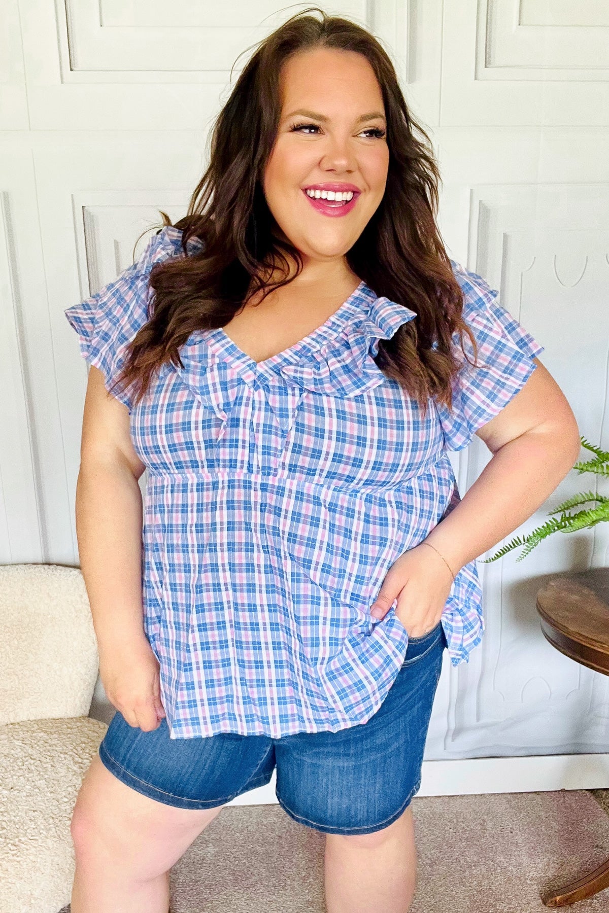 Hello Beautiful Blue Plaid V Neck Ruffle Elastic Babydoll Top - Charming Charlie