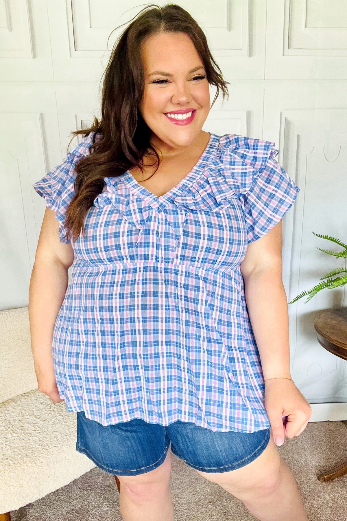 Hello Beautiful Blue Plaid V Neck Ruffle Elastic Babydoll Top - Charming Charlie
