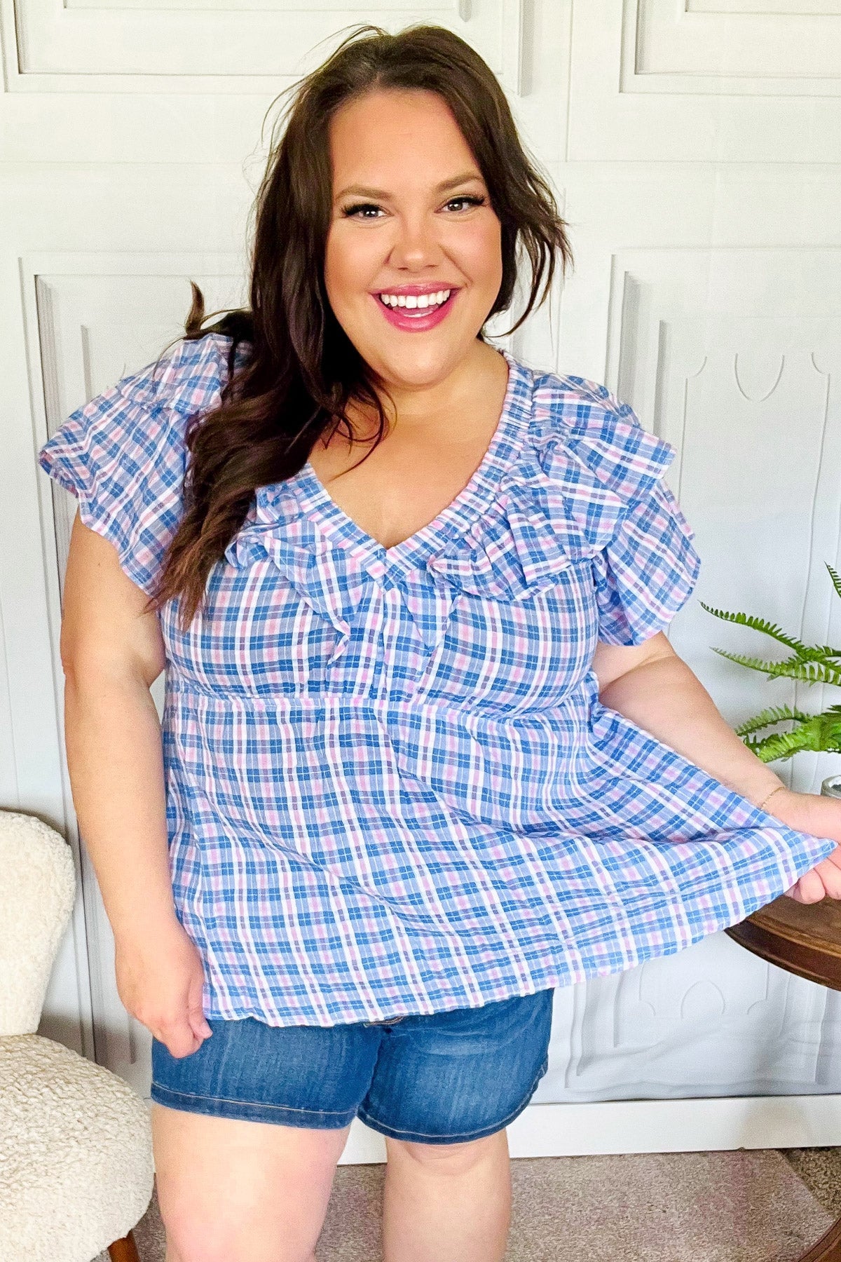 Hello Beautiful Blue Plaid V Neck Ruffle Elastic Babydoll Top - Charming Charlie