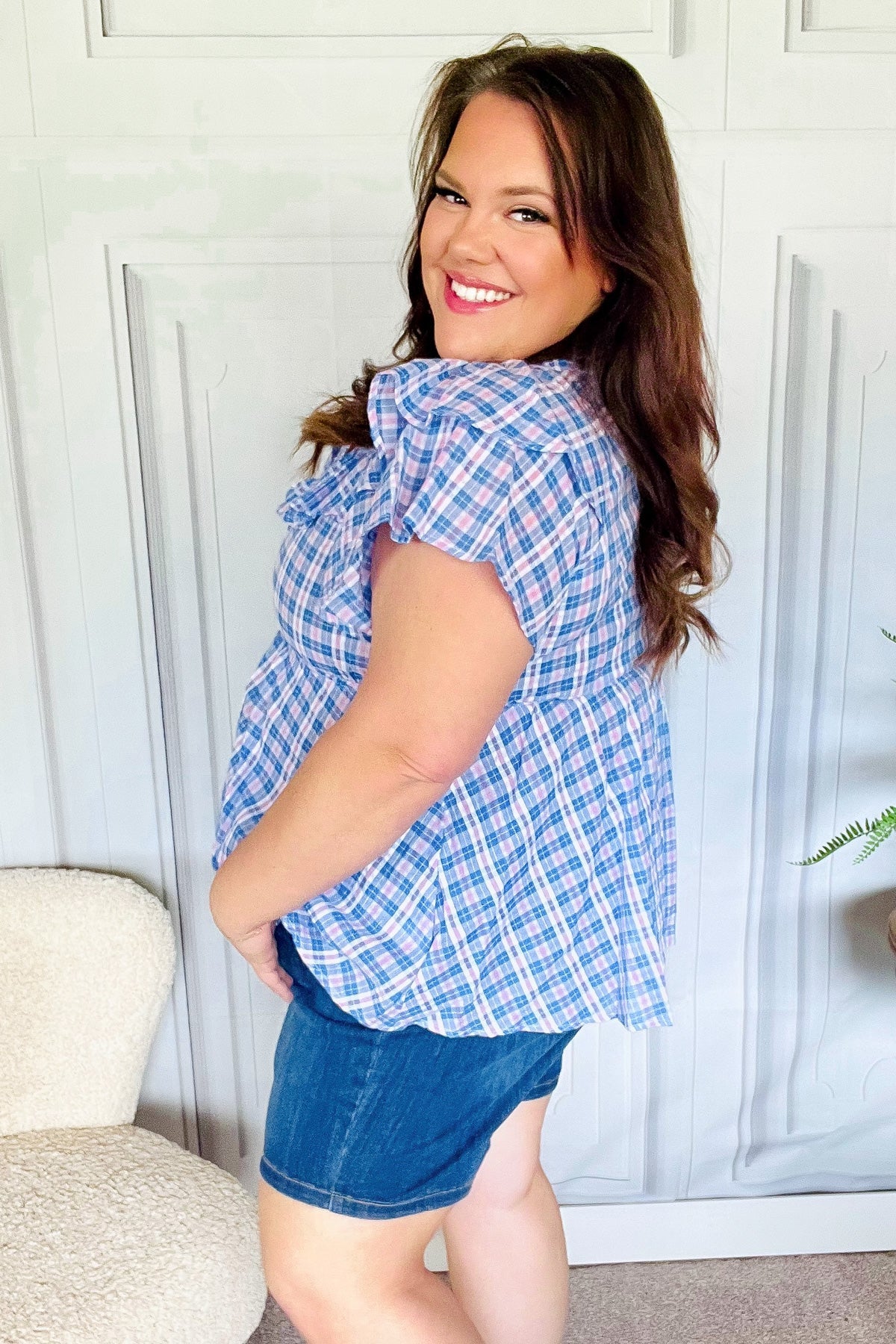 Hello Beautiful Blue Plaid V Neck Ruffle Elastic Babydoll Top - Charming Charlie