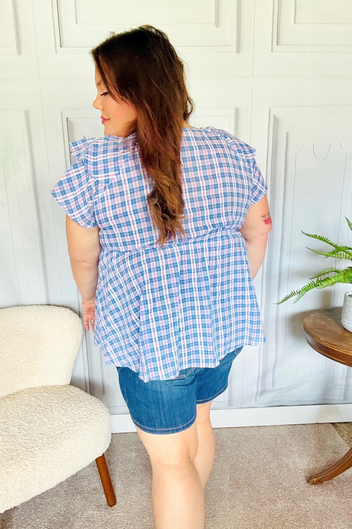 Hello Beautiful Blue Plaid V Neck Ruffle Elastic Babydoll Top - Charming Charlie