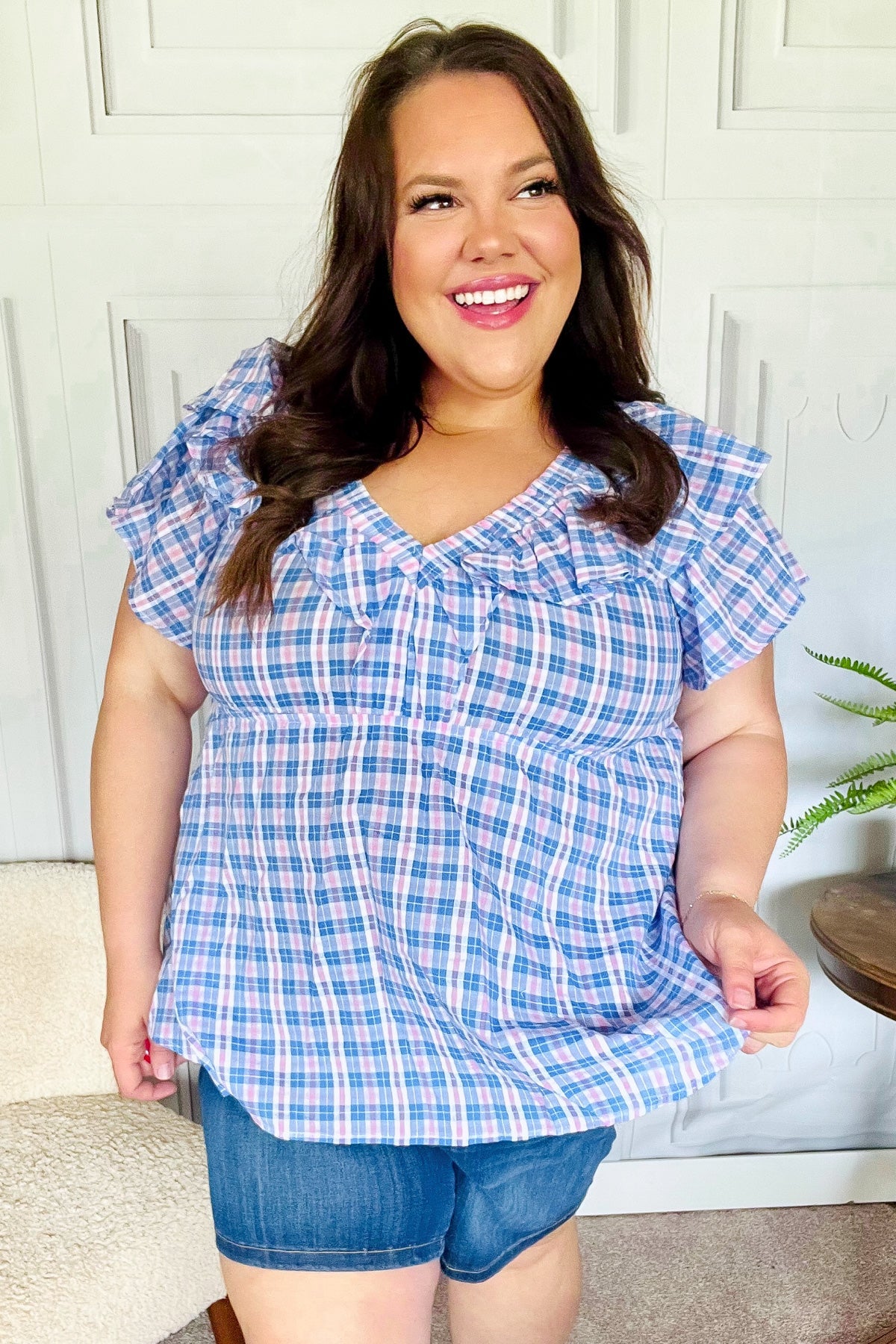 Hello Beautiful Blue Plaid V Neck Ruffle Elastic Babydoll Top - Charming Charlie