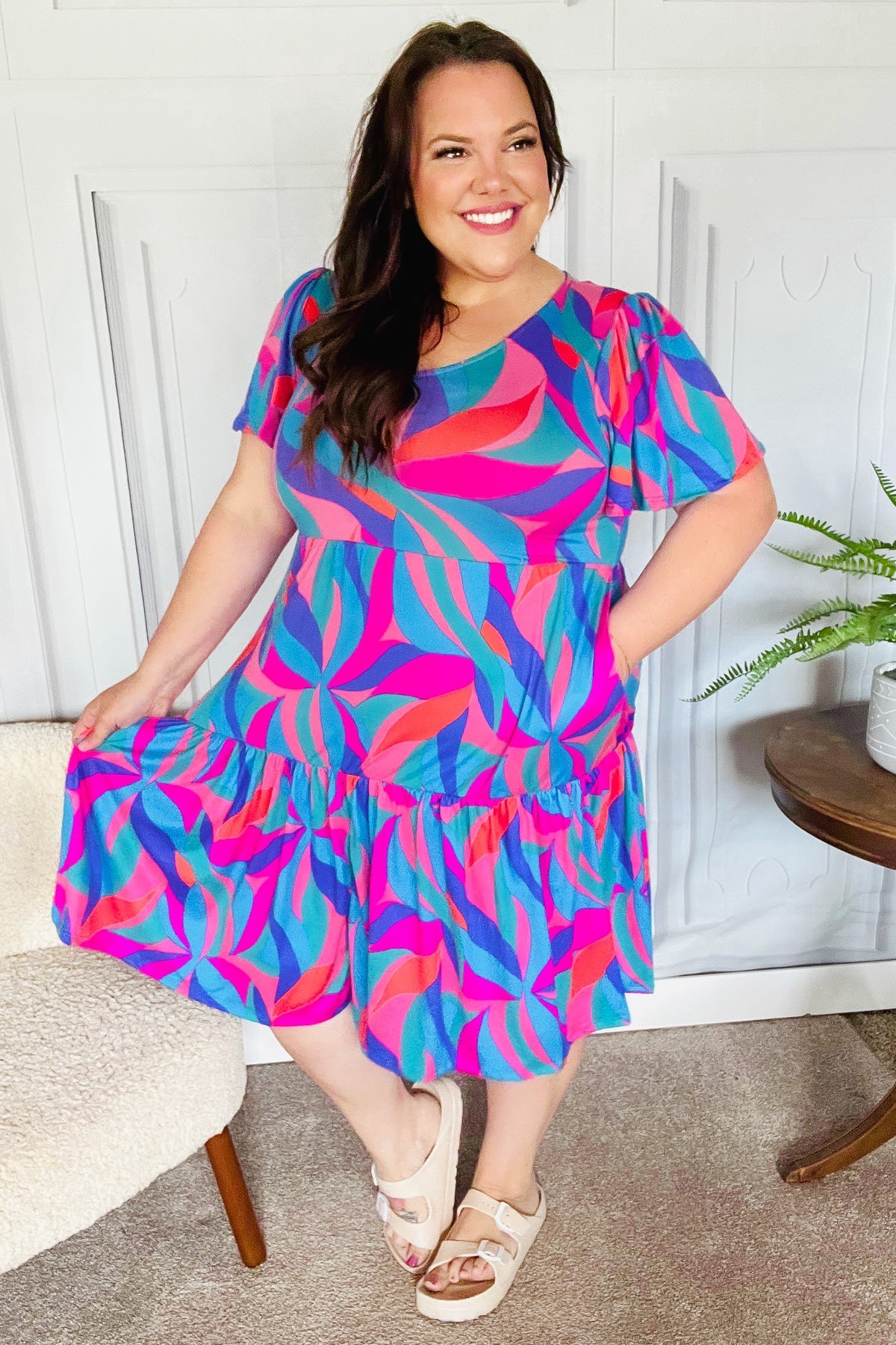 Remember Me Blue & Fuchsia Geo Print V Neck Dress - Charming Charlie