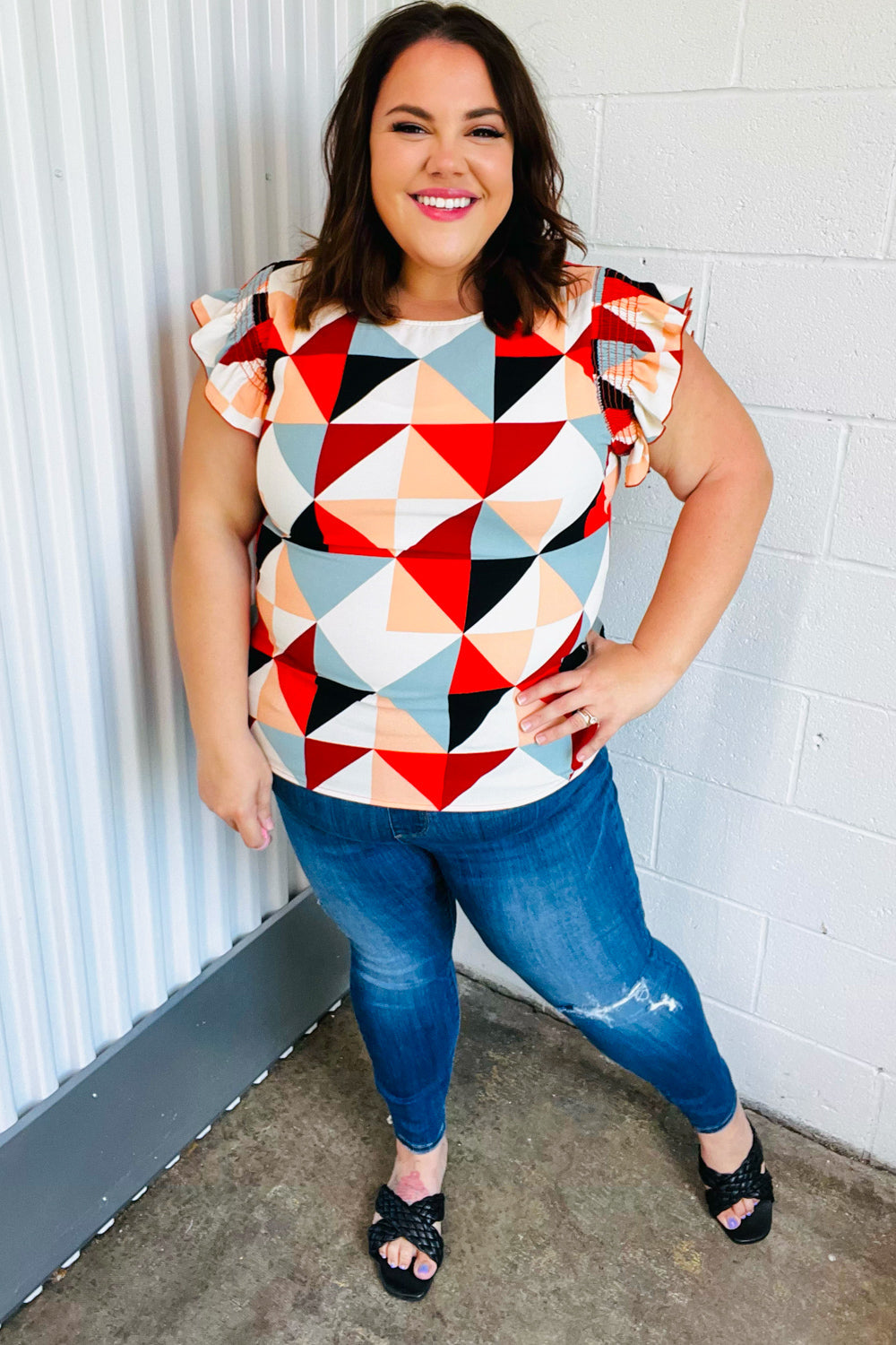 Burnt Orange Geo Print Smocked Ruffle Frill Sleeve Top - Charming Charlie
