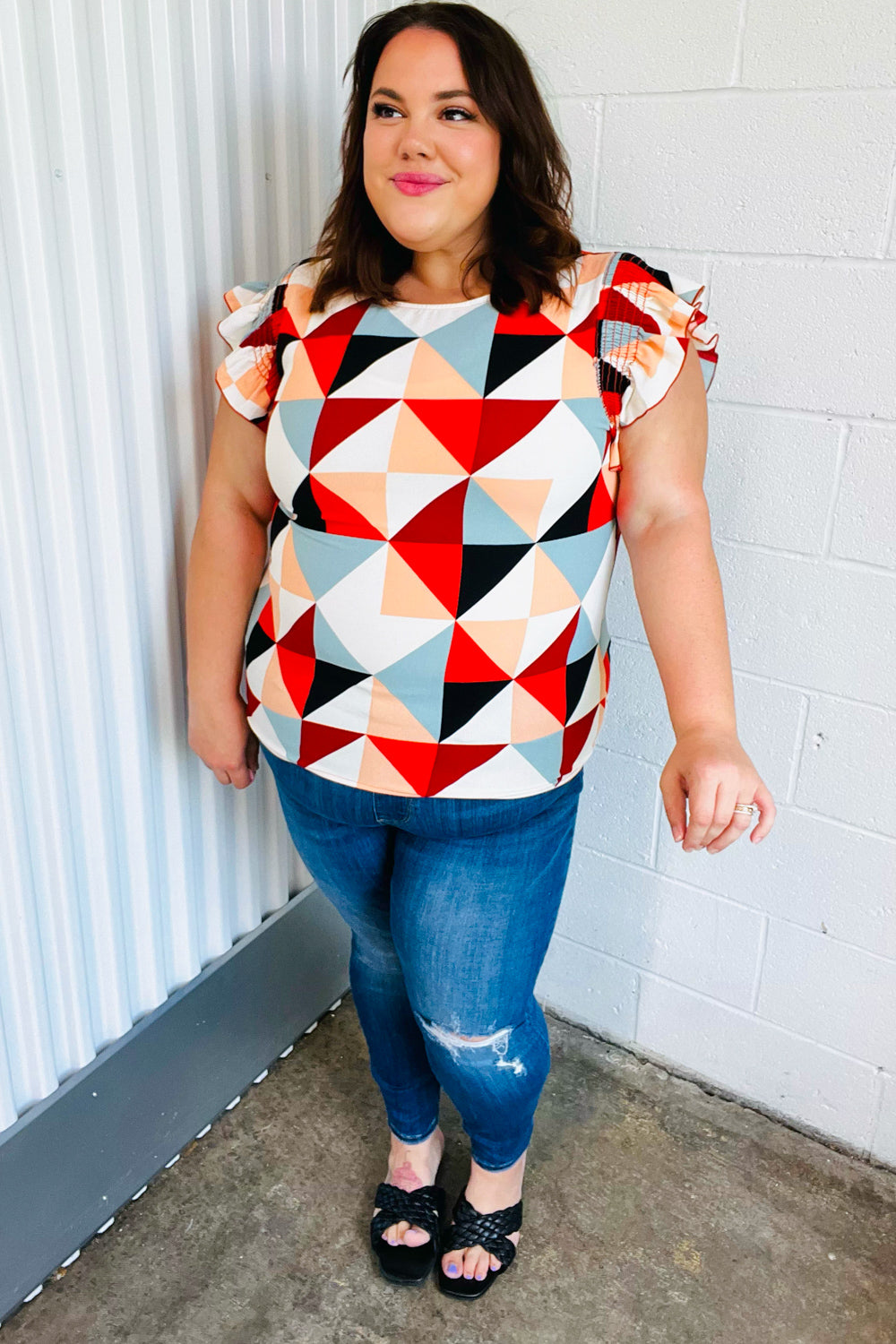 Burnt Orange Geo Print Smocked Ruffle Frill Sleeve Top - Charming Charlie