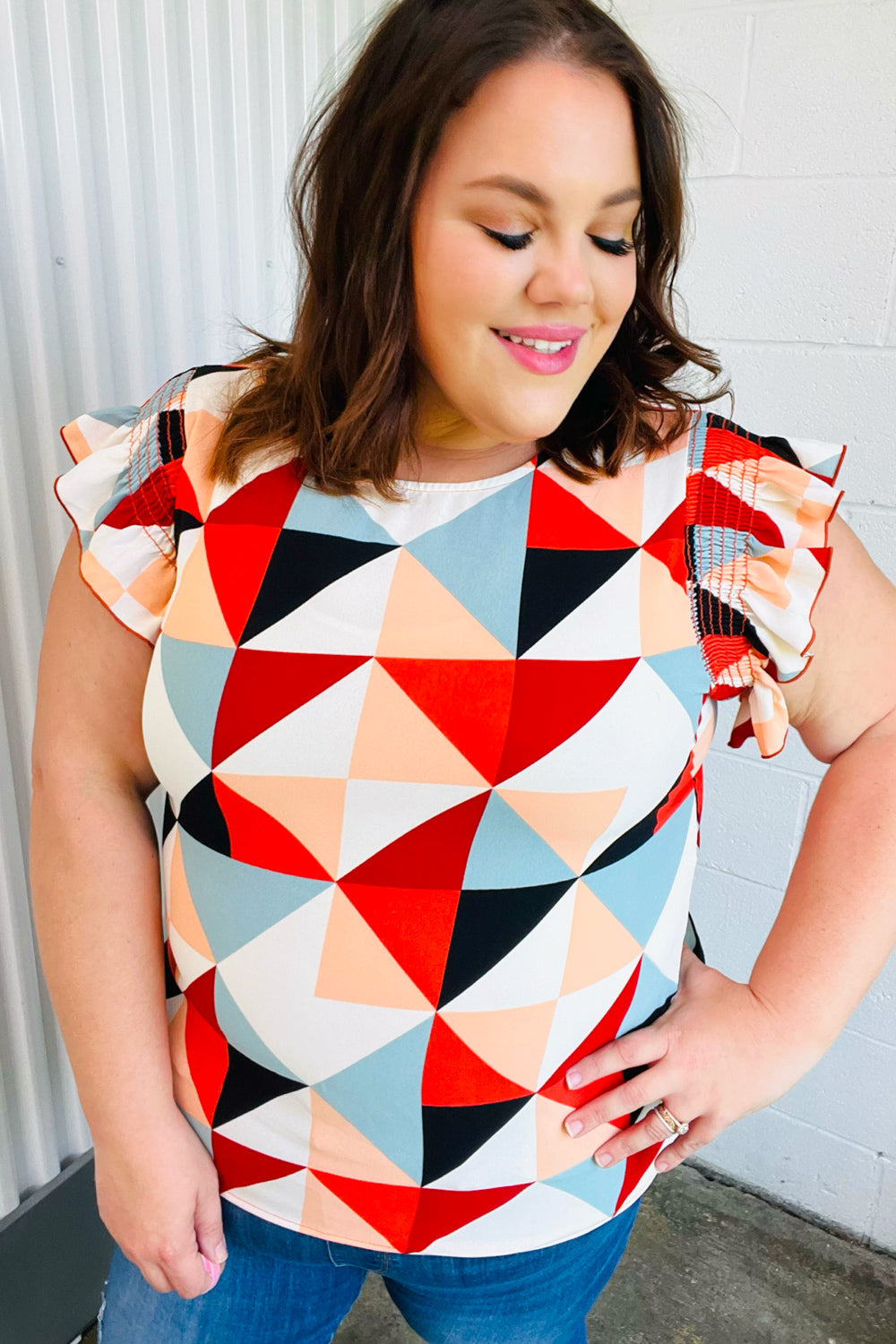 Burnt Orange Geo Print Smocked Ruffle Frill Sleeve Top - Charming Charlie