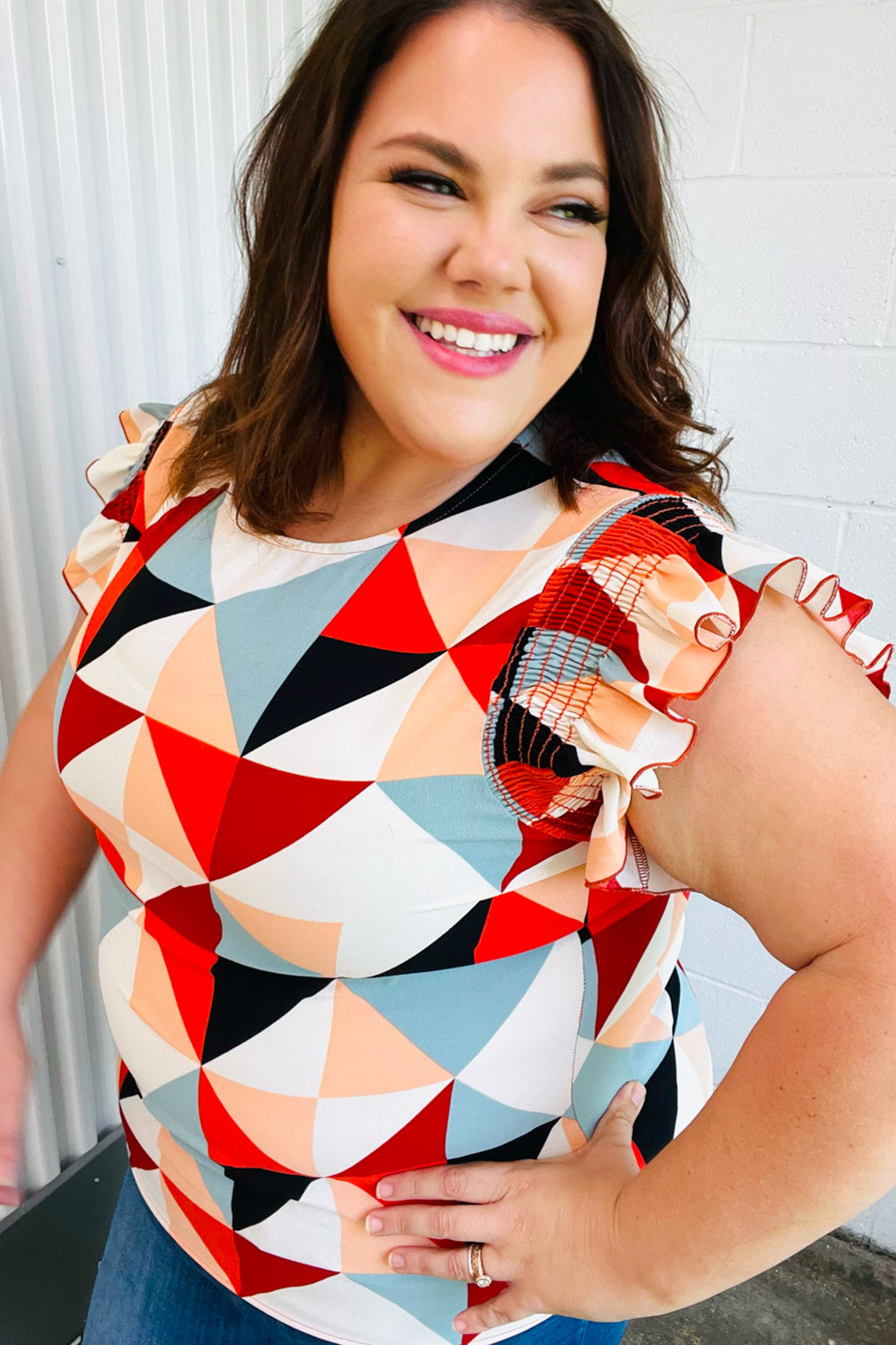 Burnt Orange Geo Print Smocked Ruffle Frill Sleeve Top - Charming Charlie