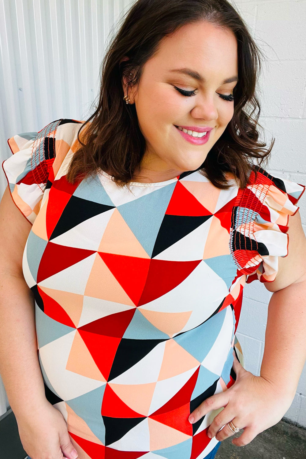 Burnt Orange Geo Print Smocked Ruffle Frill Sleeve Top - Charming Charlie