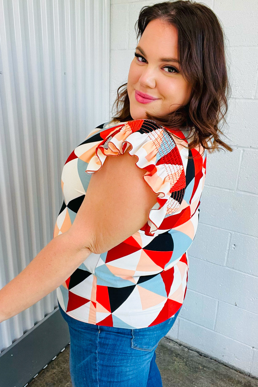 Burnt Orange Geo Print Smocked Ruffle Frill Sleeve Top - Charming Charlie