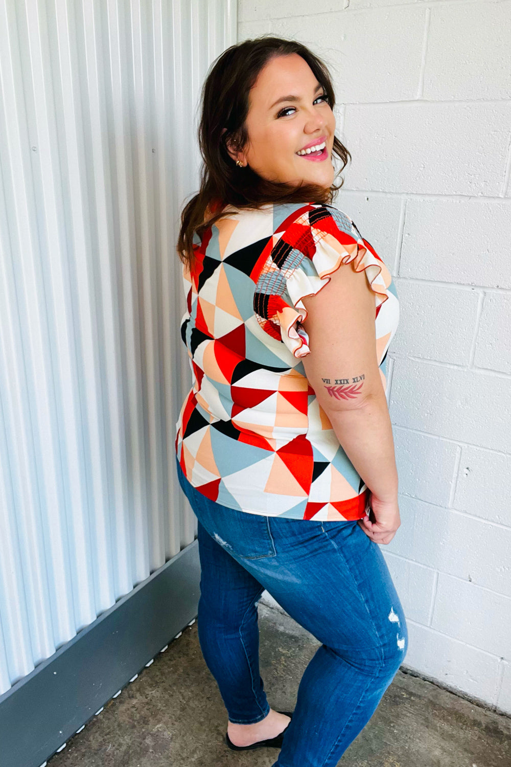 Burnt Orange Geo Print Smocked Ruffle Frill Sleeve Top - Charming Charlie