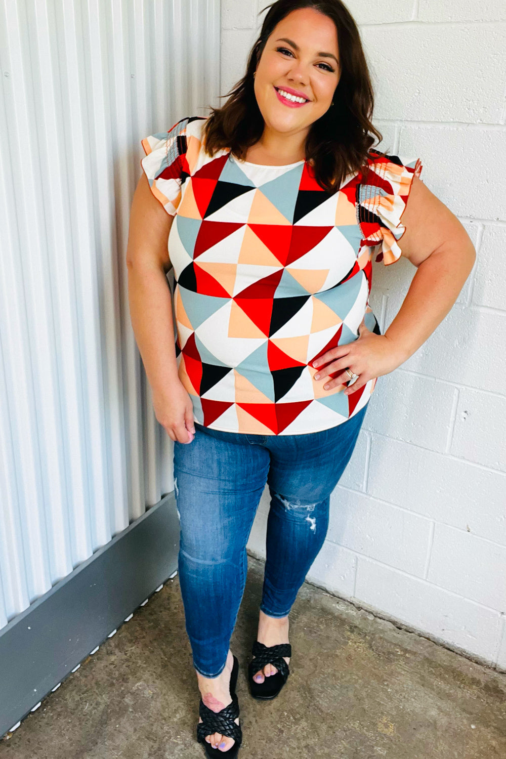 Burnt Orange Geo Print Smocked Ruffle Frill Sleeve Top - Charming Charlie