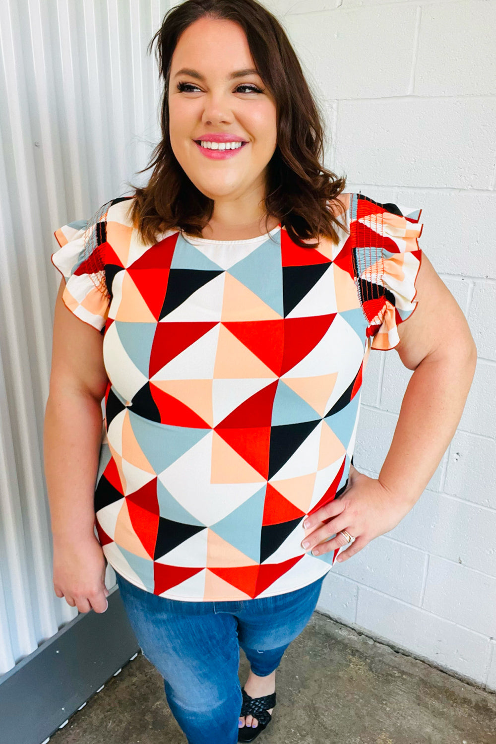 Burnt Orange Geo Print Smocked Ruffle Frill Sleeve Top - Charming Charlie