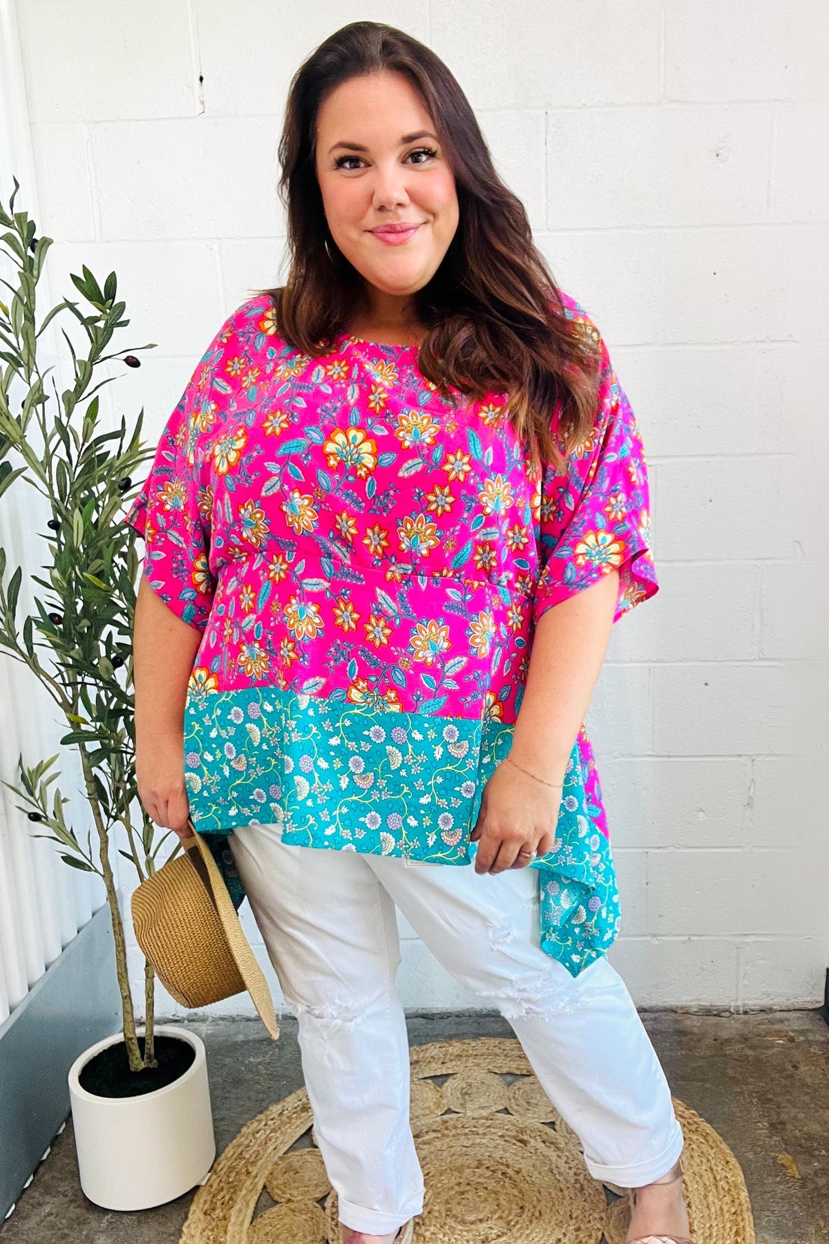 Vacay Ready Fuchsia Paisley Floral Dolman Sleeve Shark Bite Top - Charming Charlie