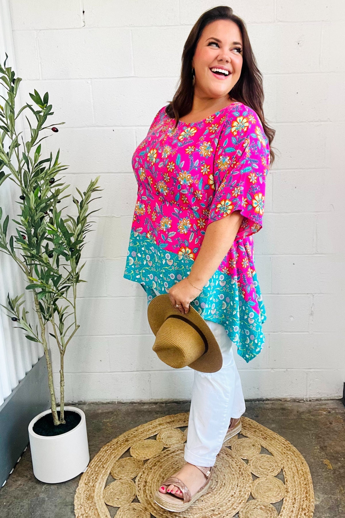 Vacay Ready Fuchsia Paisley Floral Dolman Sleeve Shark Bite Top - Charming Charlie