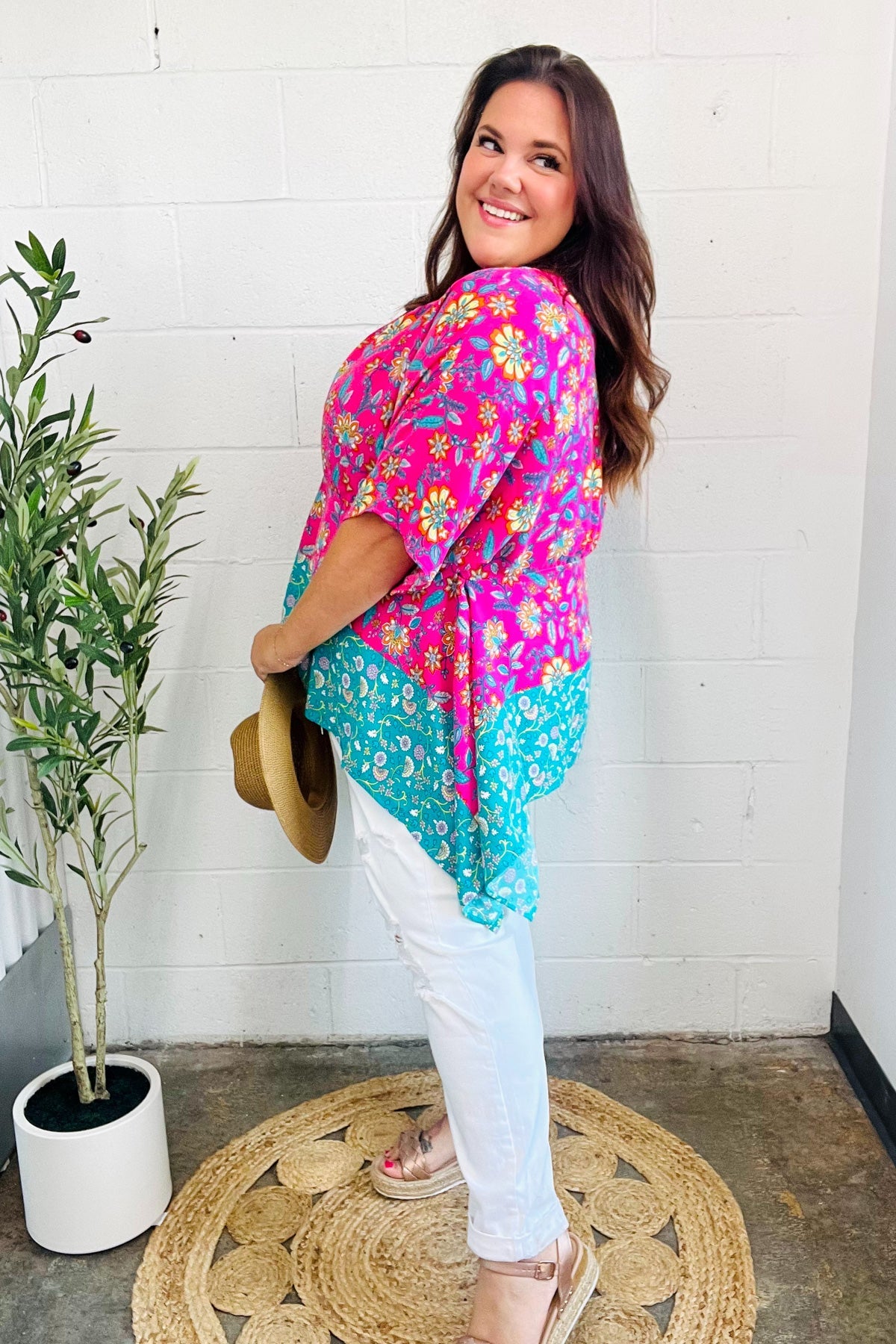 Vacay Ready Fuchsia Paisley Floral Dolman Sleeve Shark Bite Top - Charming Charlie