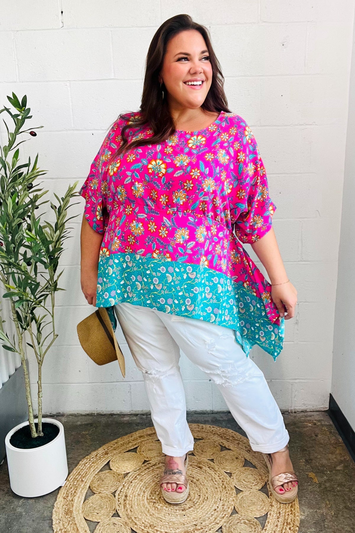 Vacay Ready Fuchsia Paisley Floral Dolman Sleeve Shark Bite Top - Charming Charlie