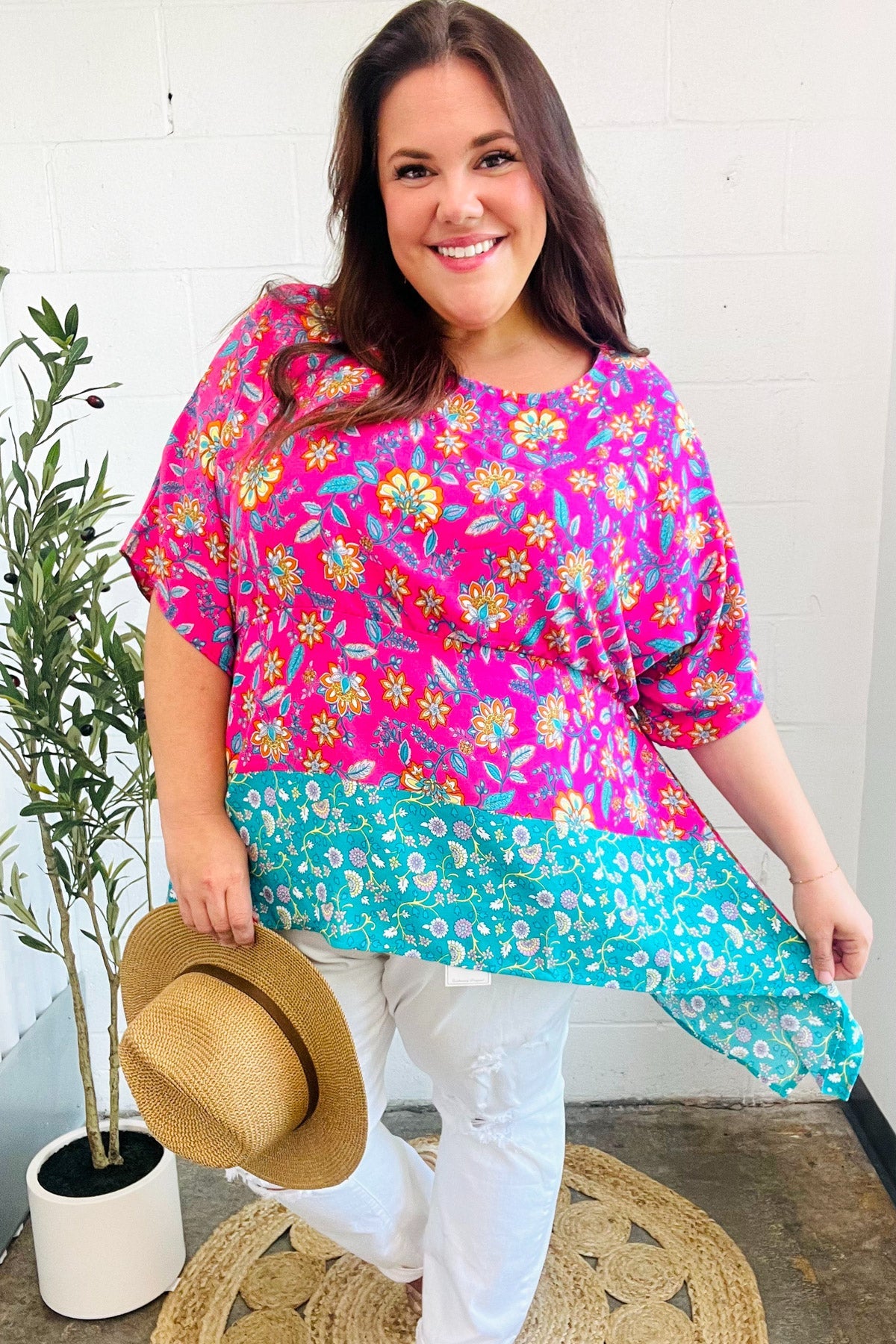 Vacay Ready Fuchsia Paisley Floral Dolman Sleeve Shark Bite Top - Charming Charlie