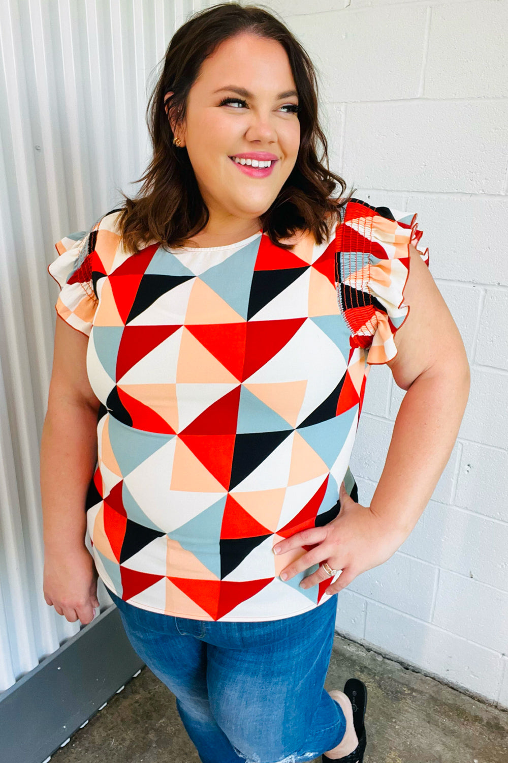 Burnt Orange Geo Print Smocked Ruffle Frill Sleeve Top - Charming Charlie