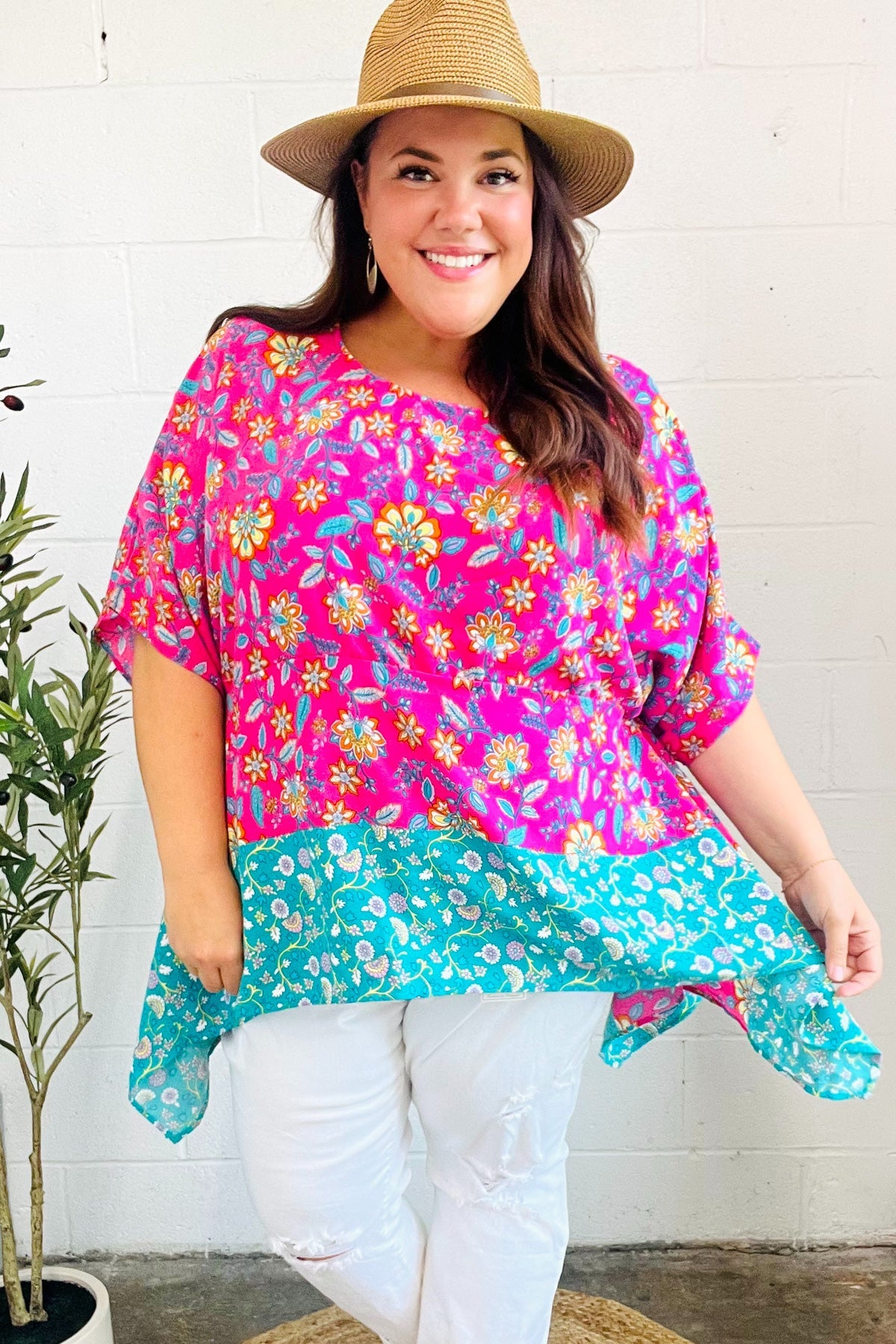 Vacay Ready Fuchsia Paisley Floral Dolman Sleeve Shark Bite Top - Charming Charlie