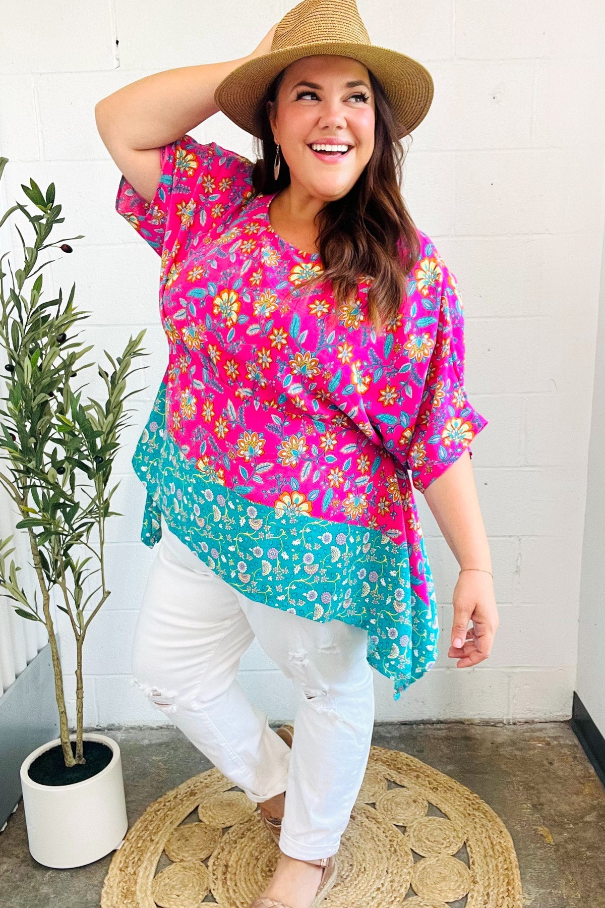 Vacay Ready Fuchsia Paisley Floral Dolman Sleeve Shark Bite Top - Charming Charlie
