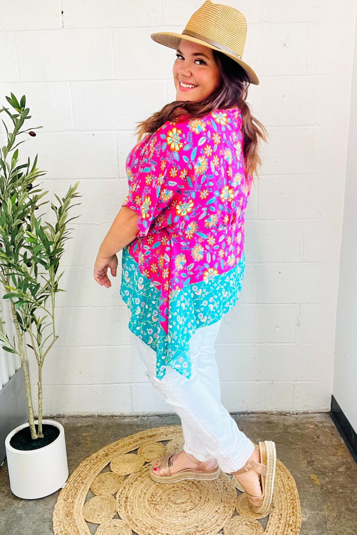 Vacay Ready Fuchsia Paisley Floral Dolman Sleeve Shark Bite Top - Charming Charlie