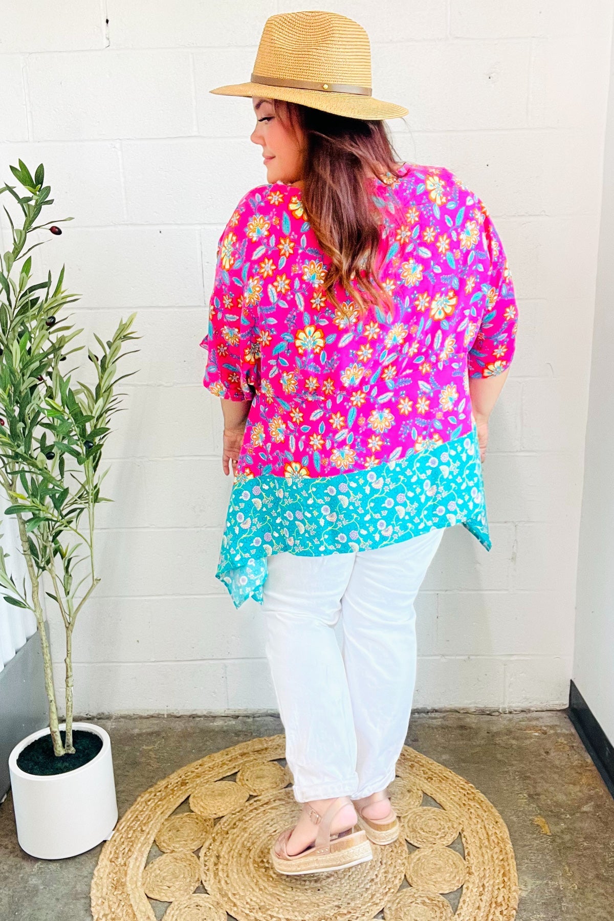 Vacay Ready Fuchsia Paisley Floral Dolman Sleeve Shark Bite Top - Charming Charlie