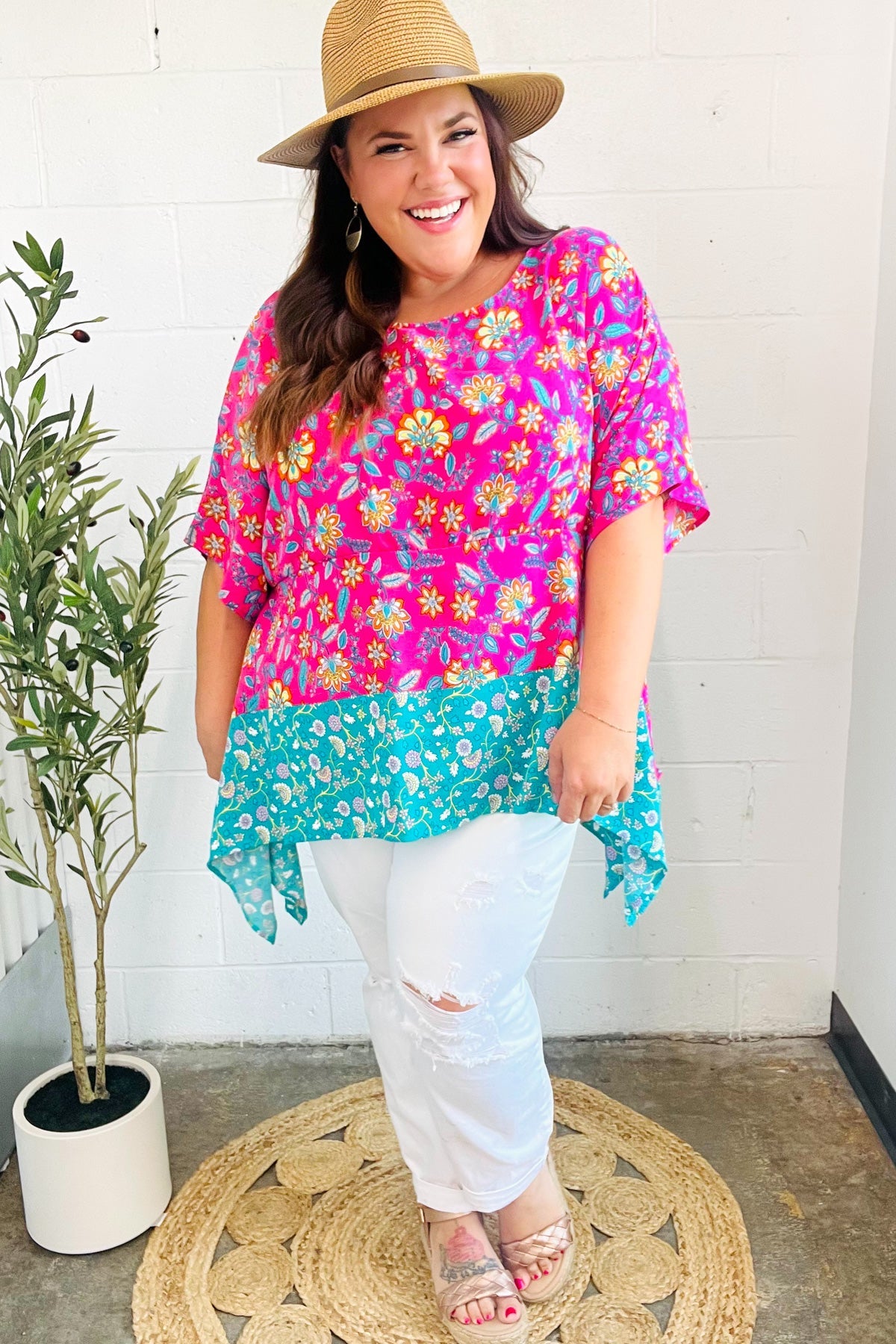 Vacay Ready Fuchsia Paisley Floral Dolman Sleeve Shark Bite Top - Charming Charlie