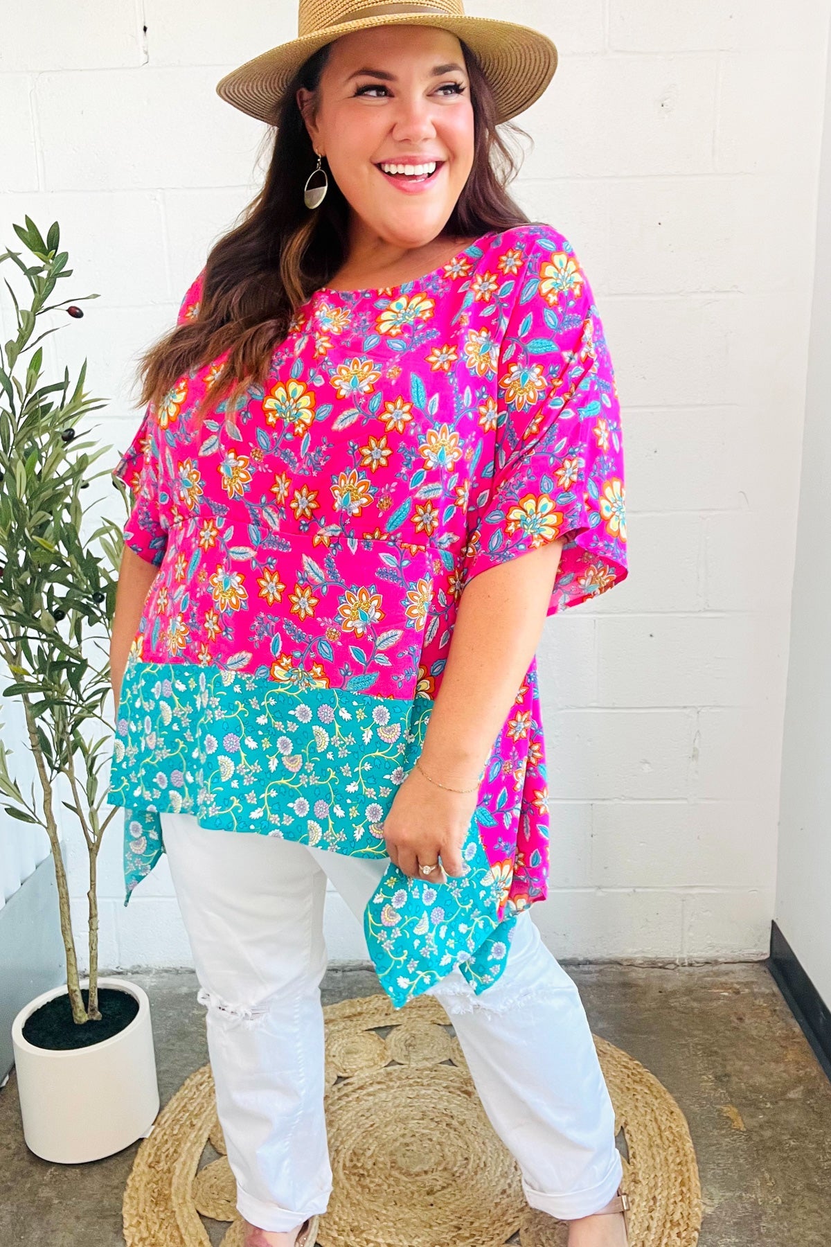 Vacay Ready Fuchsia Paisley Floral Dolman Sleeve Shark Bite Top - Charming Charlie