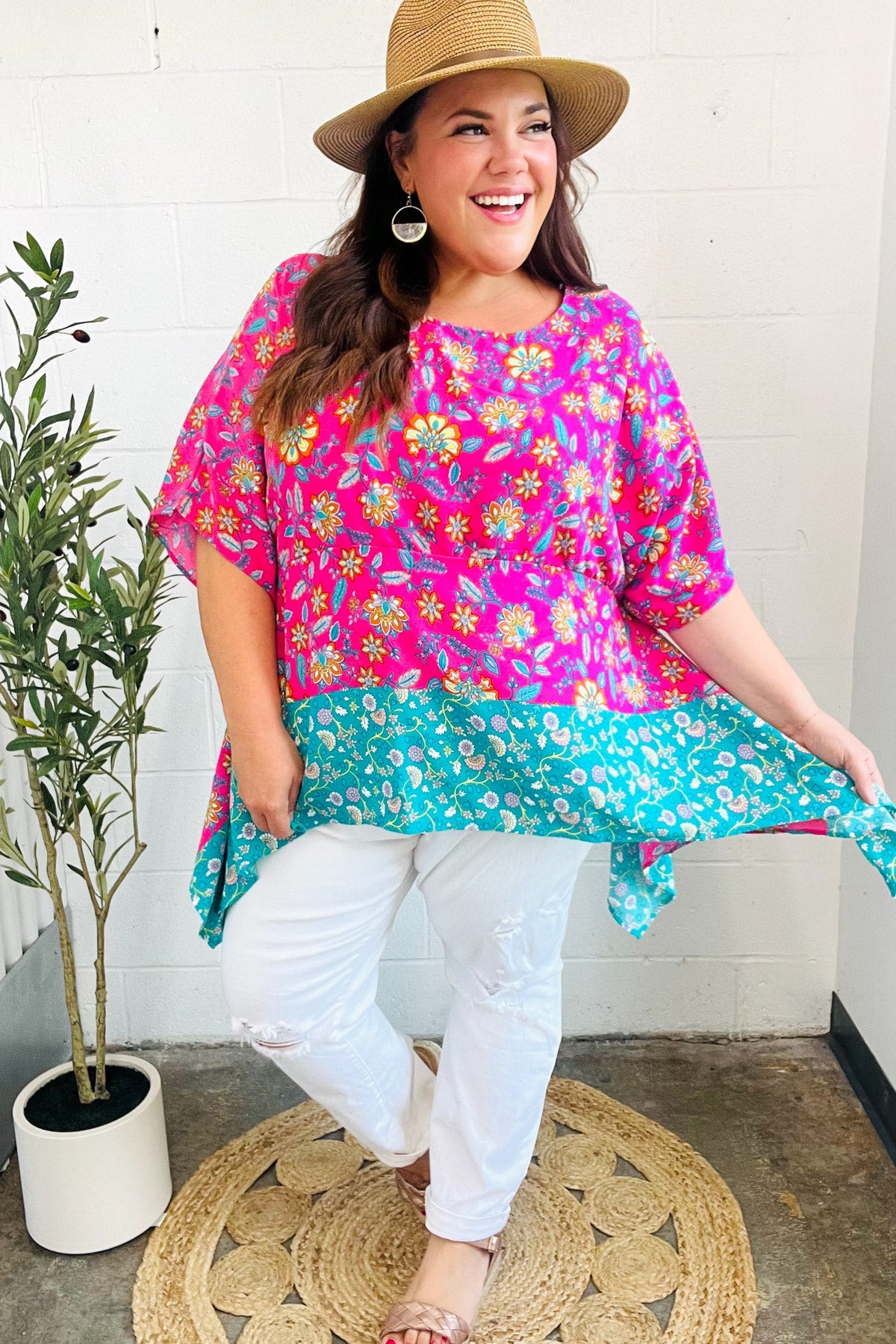 Vacay Ready Fuchsia Paisley Floral Dolman Sleeve Shark Bite Top - Charming Charlie
