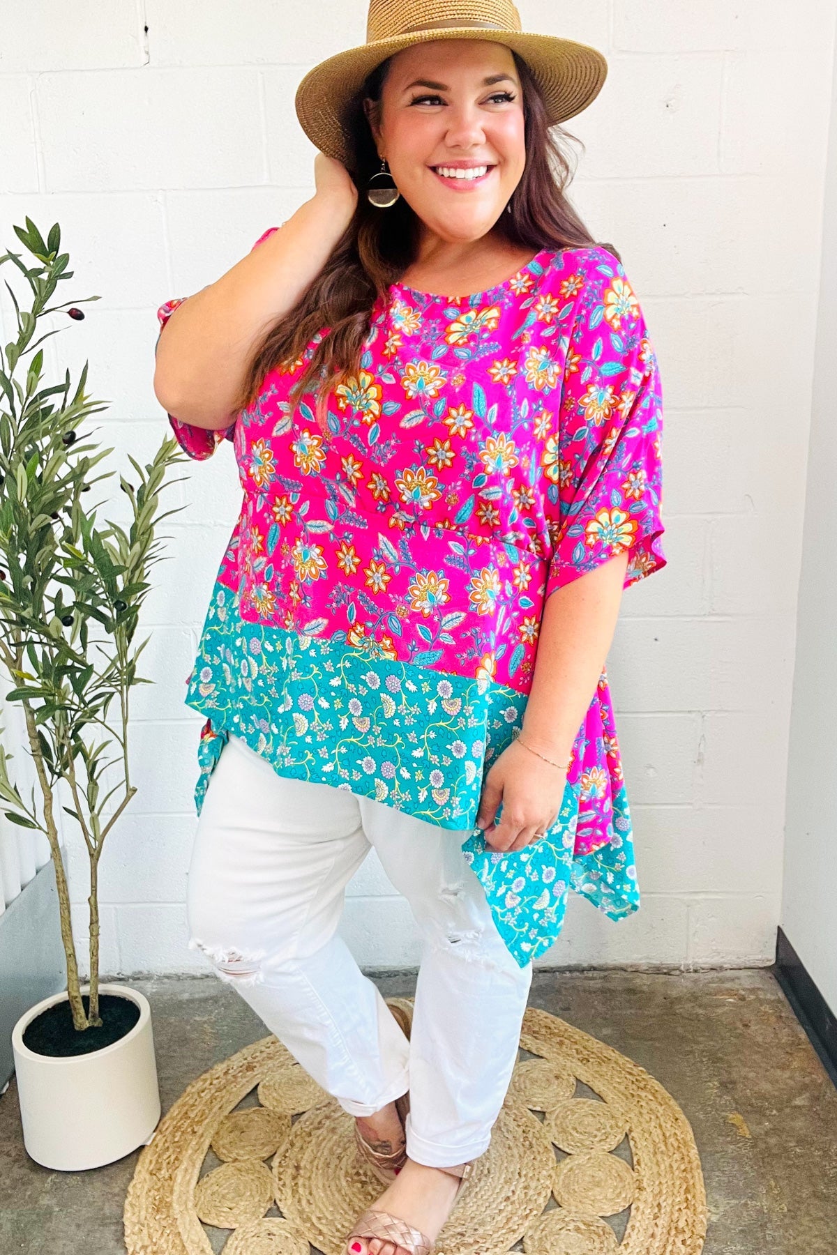 Vacay Ready Fuchsia Paisley Floral Dolman Sleeve Shark Bite Top - Charming Charlie