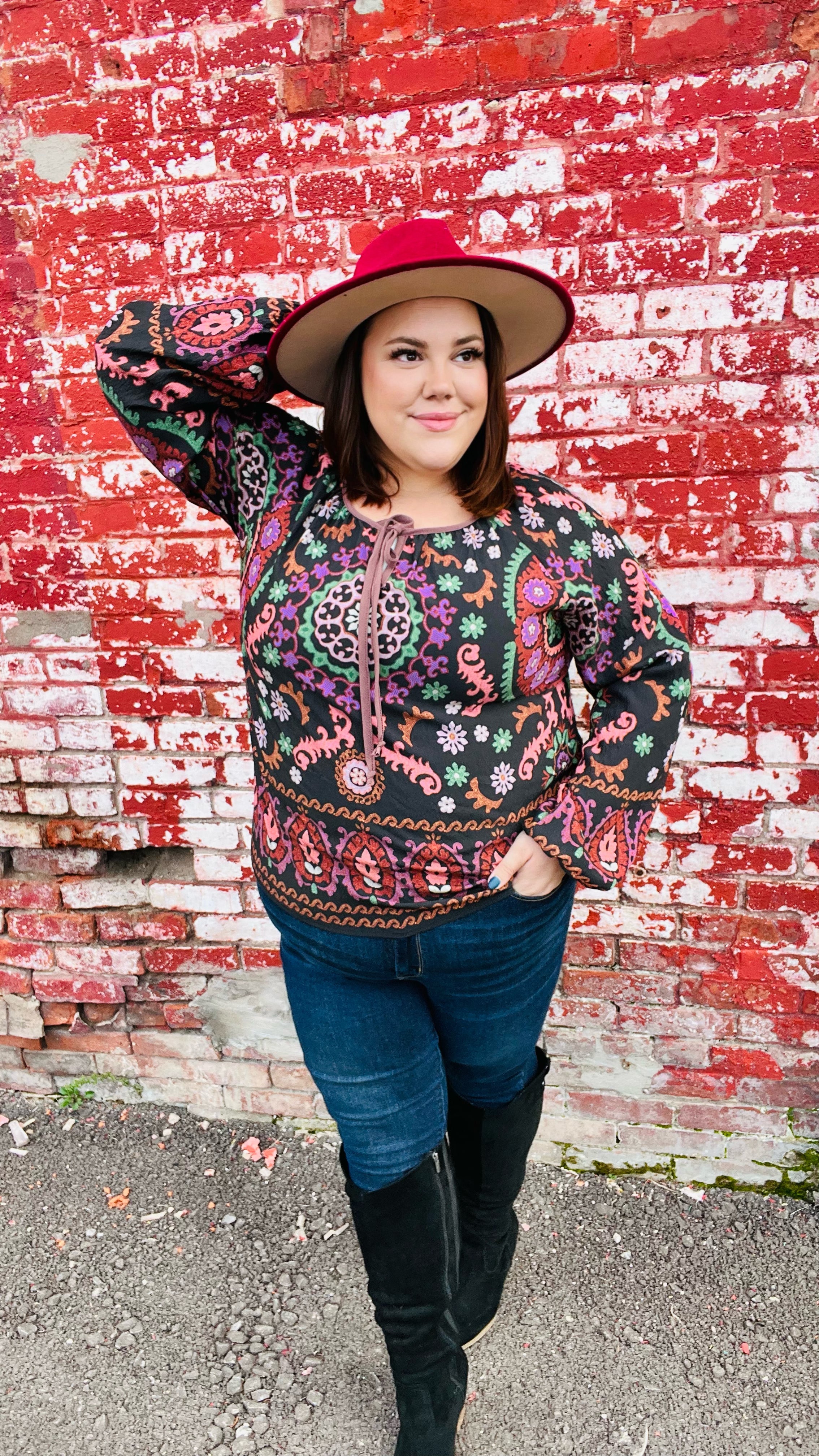 Take The Leap Black & Mauve Border Print Boho Tie Top - Charming Charlie