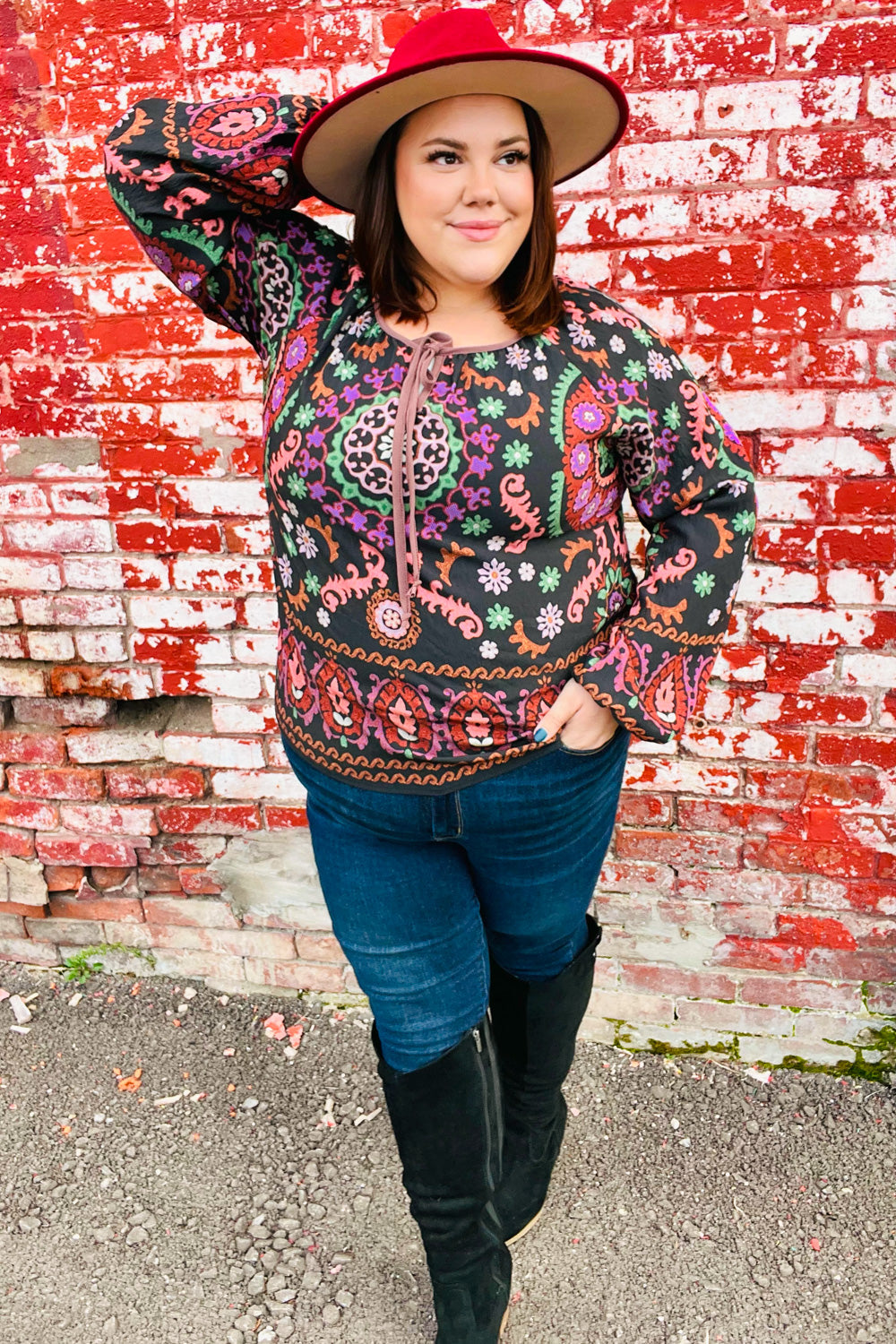 Take The Leap Black & Mauve Border Print Boho Tie Top - Charming Charlie