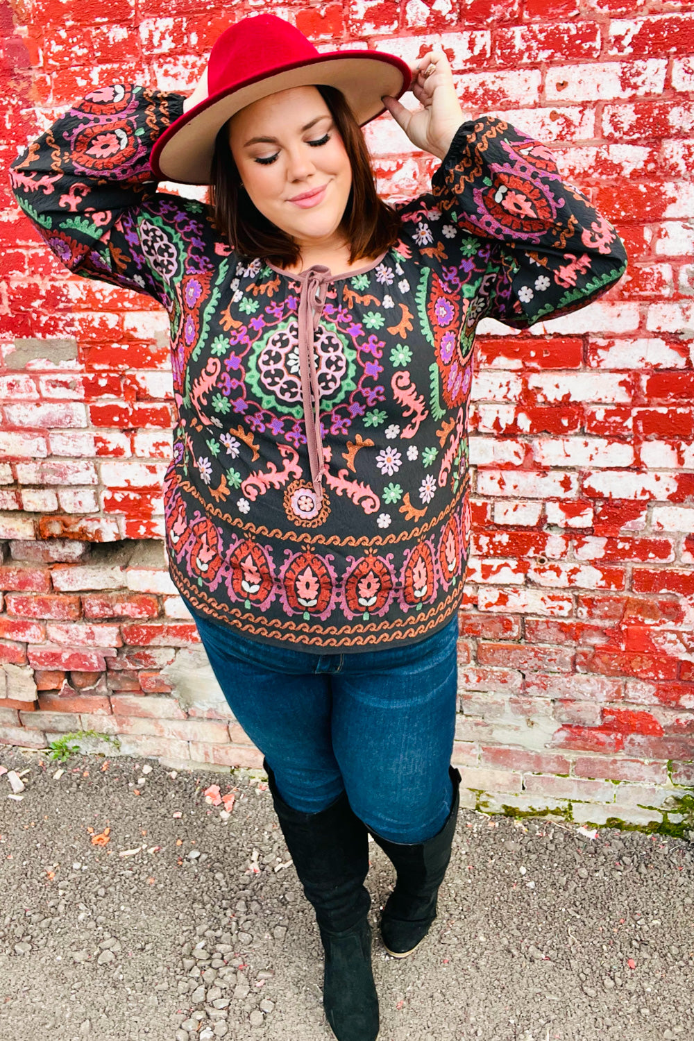 Take The Leap Black & Mauve Border Print Boho Tie Top - Charming Charlie
