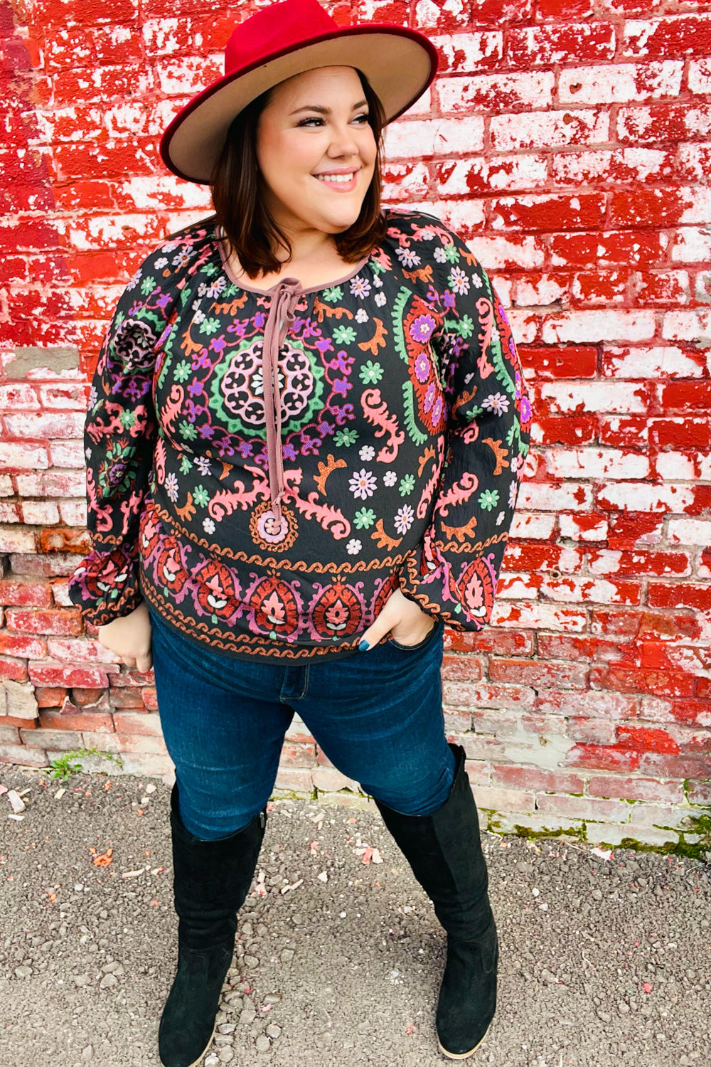 Take The Leap Black & Mauve Border Print Boho Tie Top - Charming Charlie