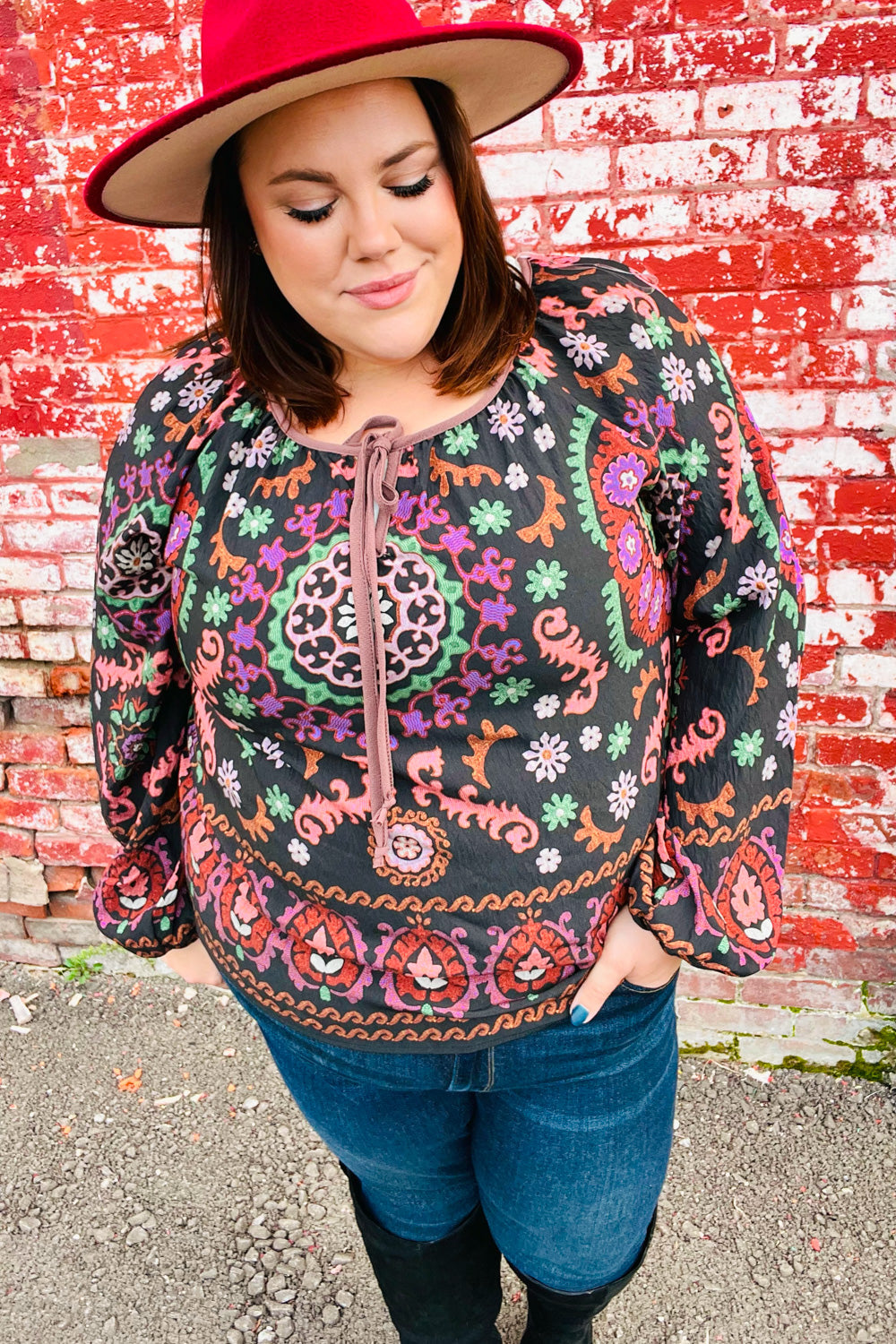 Take The Leap Black & Mauve Border Print Boho Tie Top - Charming Charlie
