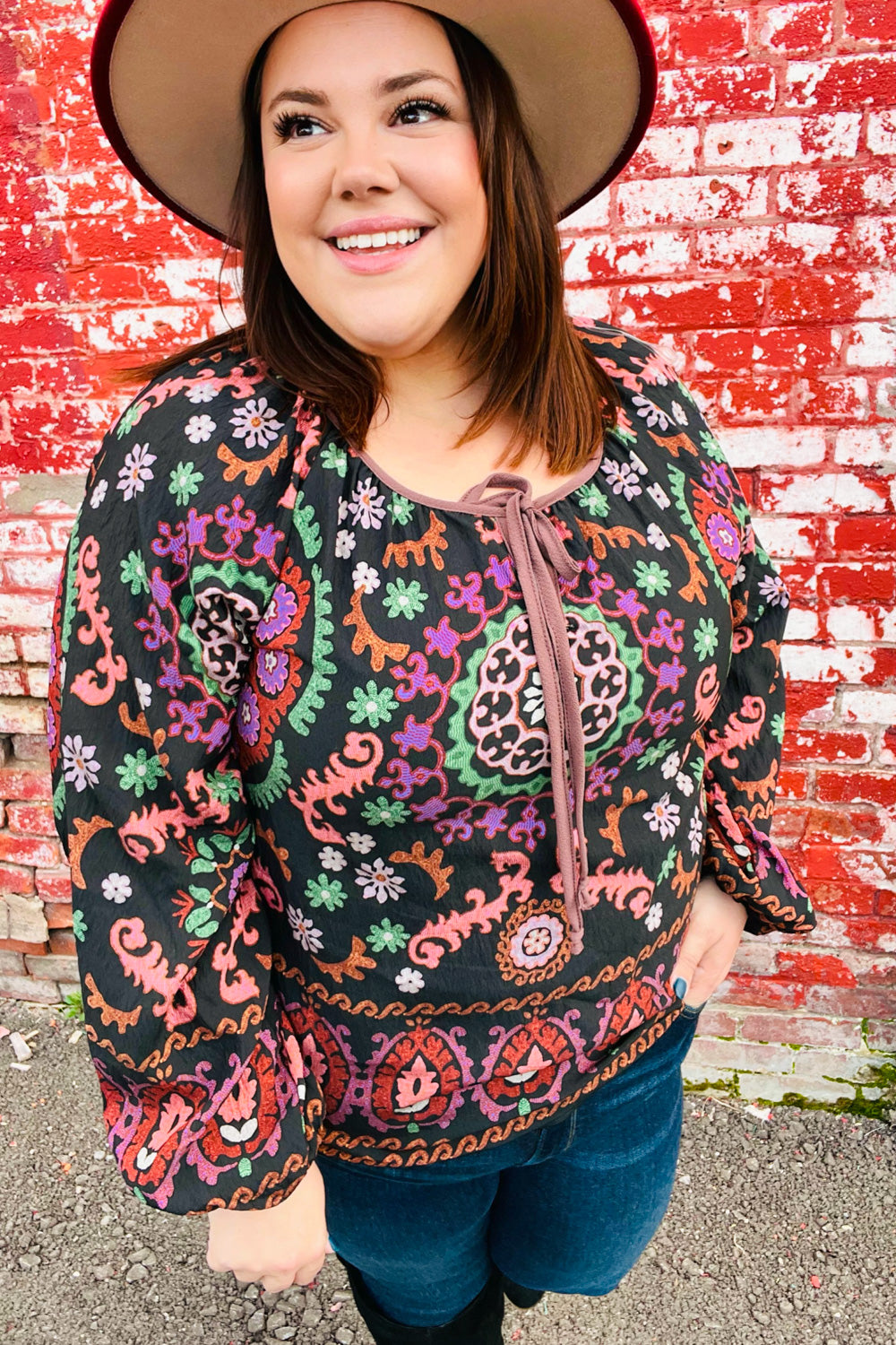Take The Leap Black & Mauve Border Print Boho Tie Top - Charming Charlie