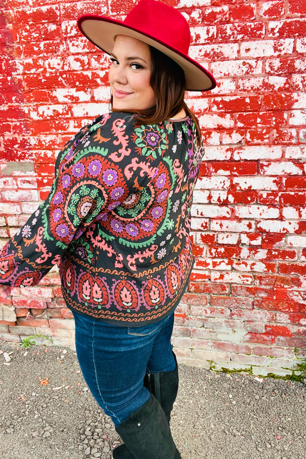 Take The Leap Black & Mauve Border Print Boho Tie Top - Charming Charlie