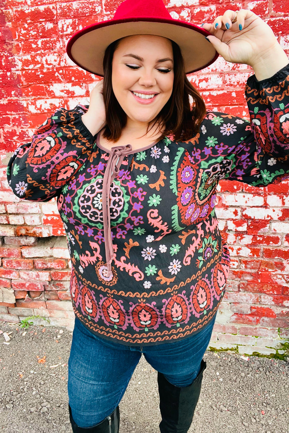 Take The Leap Black & Mauve Border Print Boho Tie Top - Charming Charlie