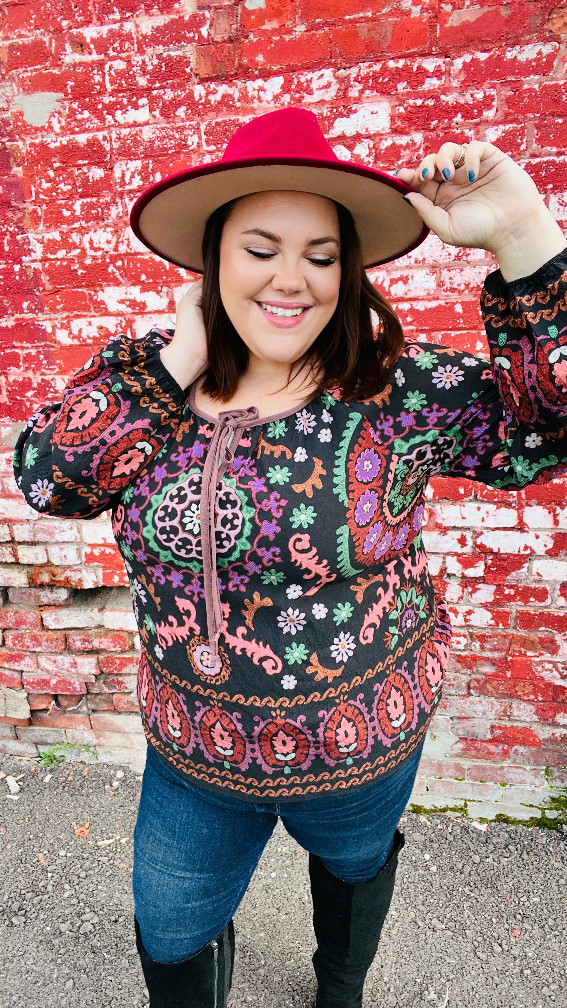 Take The Leap Black & Mauve Border Print Boho Tie Top - Charming Charlie