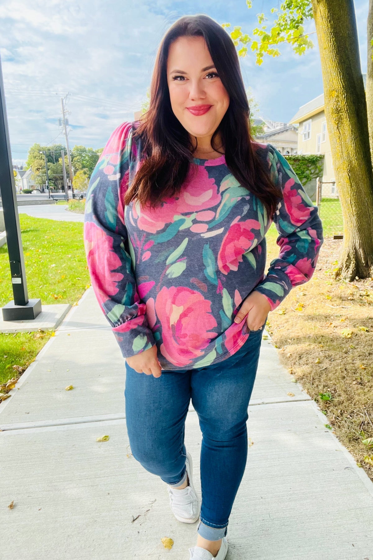 On My Heart Navy Floral Brushed Hacci Sweater Top - Charming Charlie