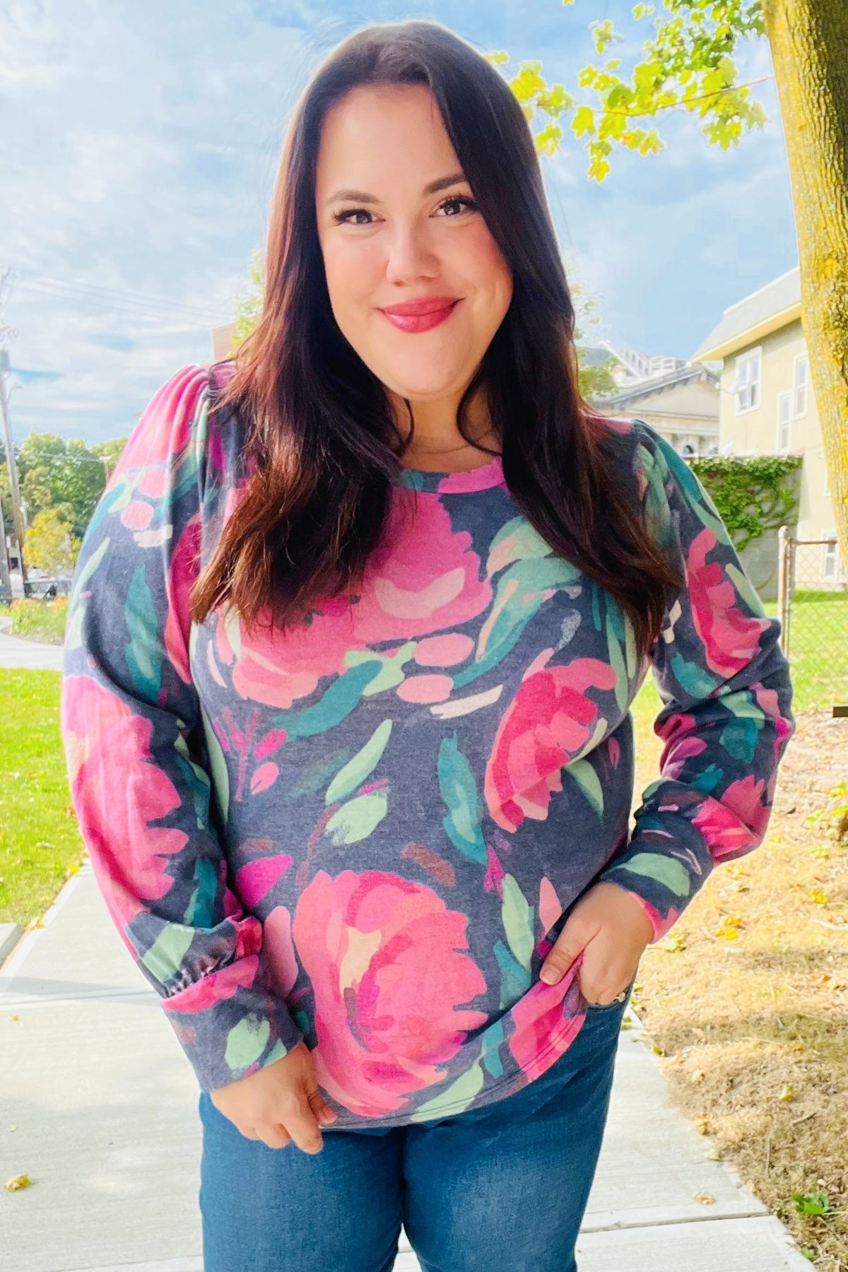 On My Heart Navy Floral Brushed Hacci Sweater Top - Charming Charlie