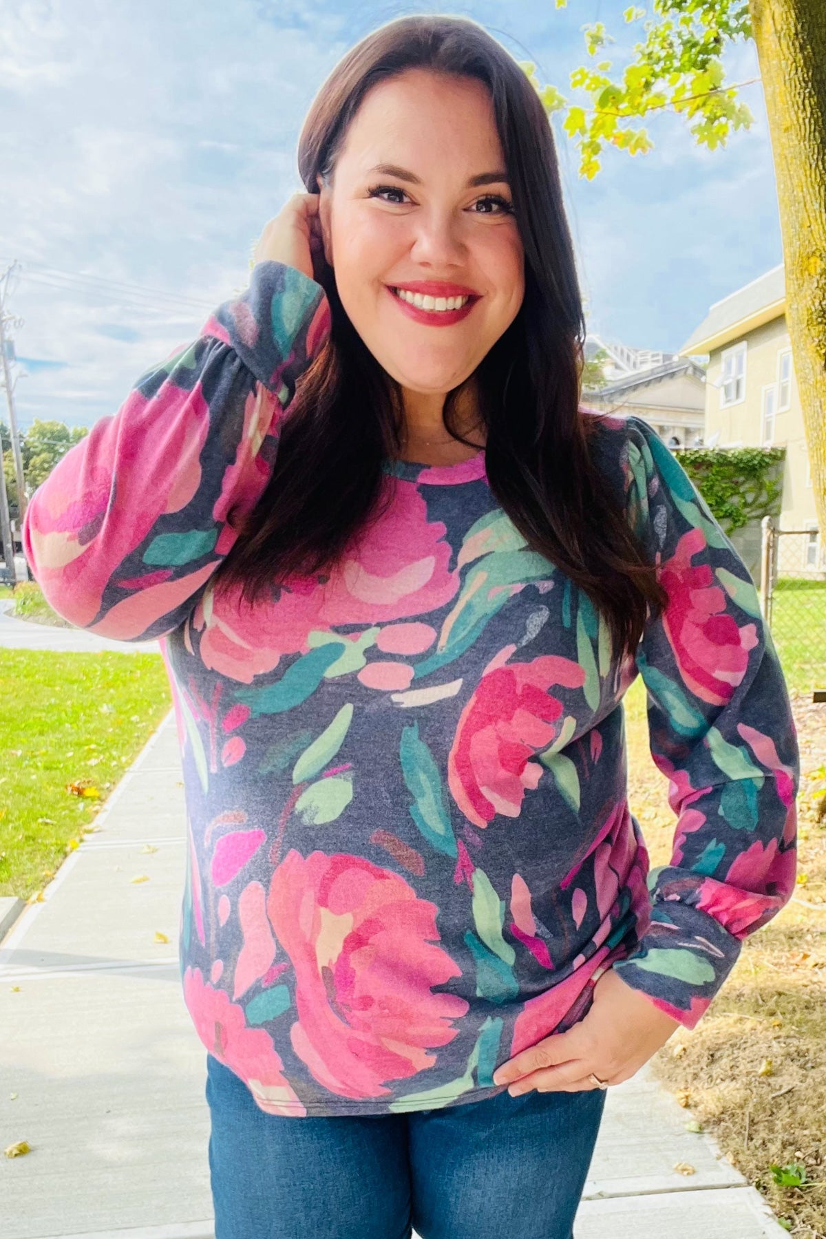 On My Heart Navy Floral Brushed Hacci Sweater Top - Charming Charlie
