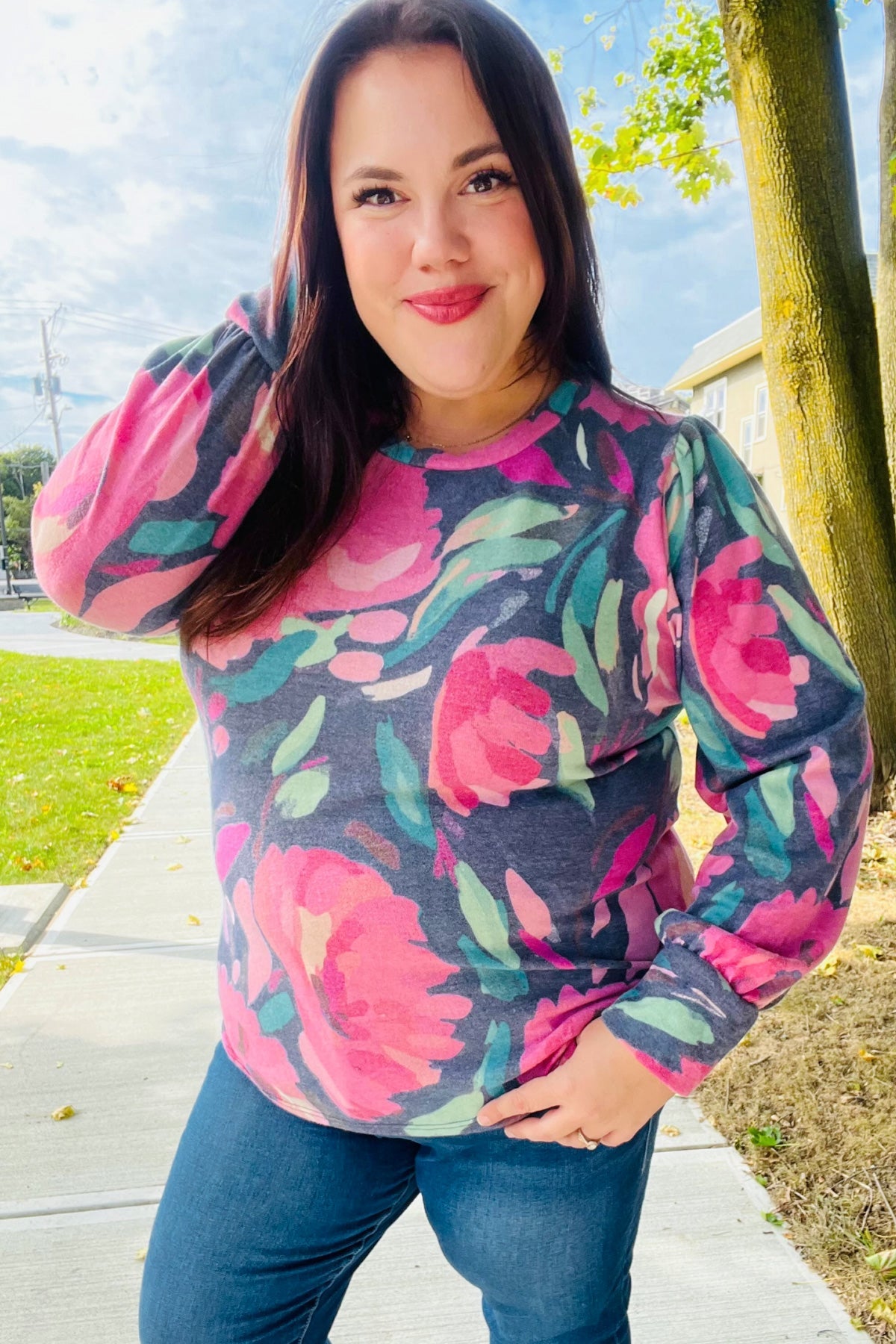 On My Heart Navy Floral Brushed Hacci Sweater Top - Charming Charlie
