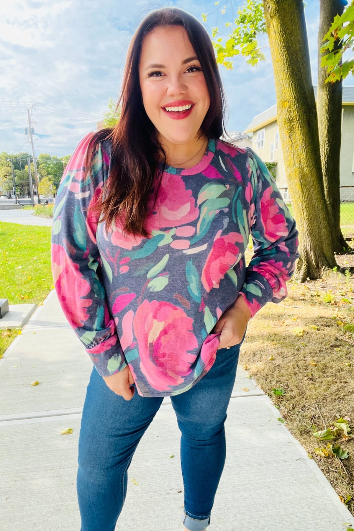On My Heart Navy Floral Brushed Hacci Sweater Top - Charming Charlie