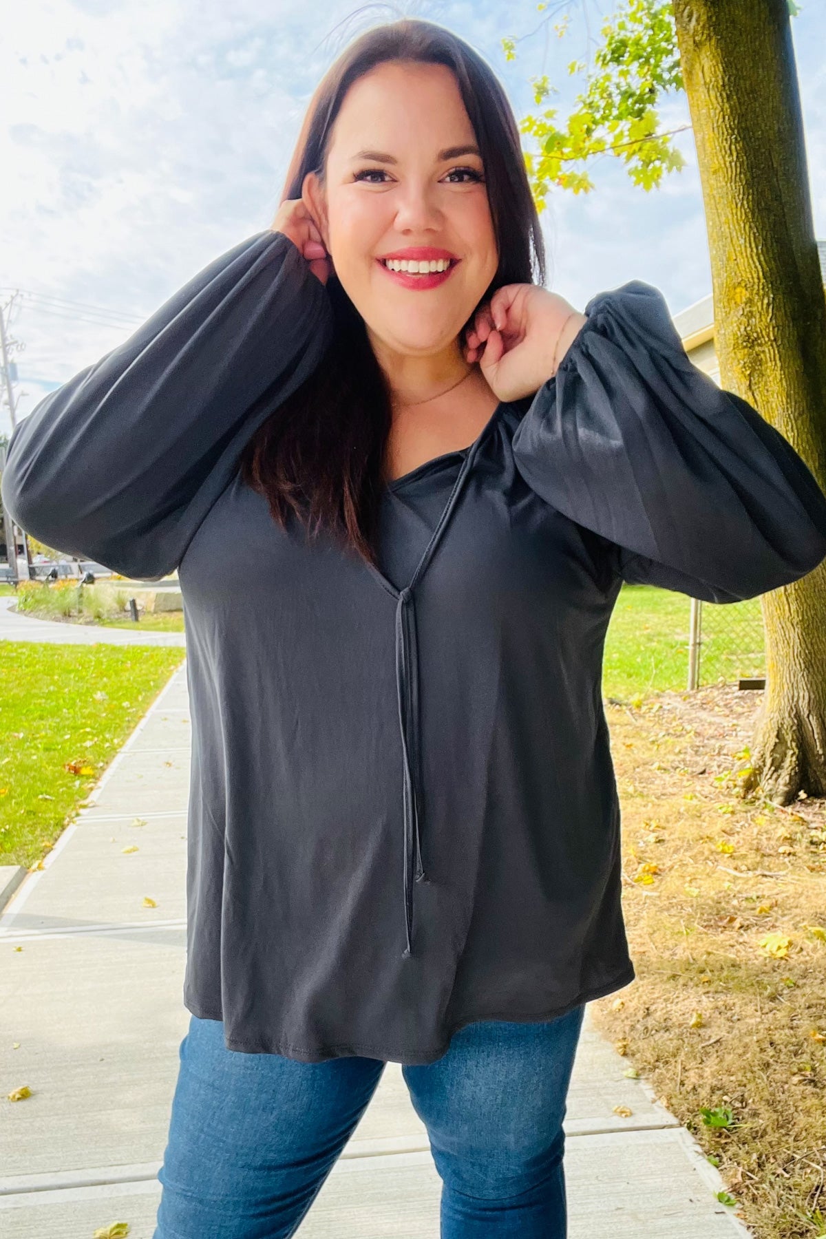 Versatile Charcoal Front Tie Modal Knit Peasant Top - Charming Charlie