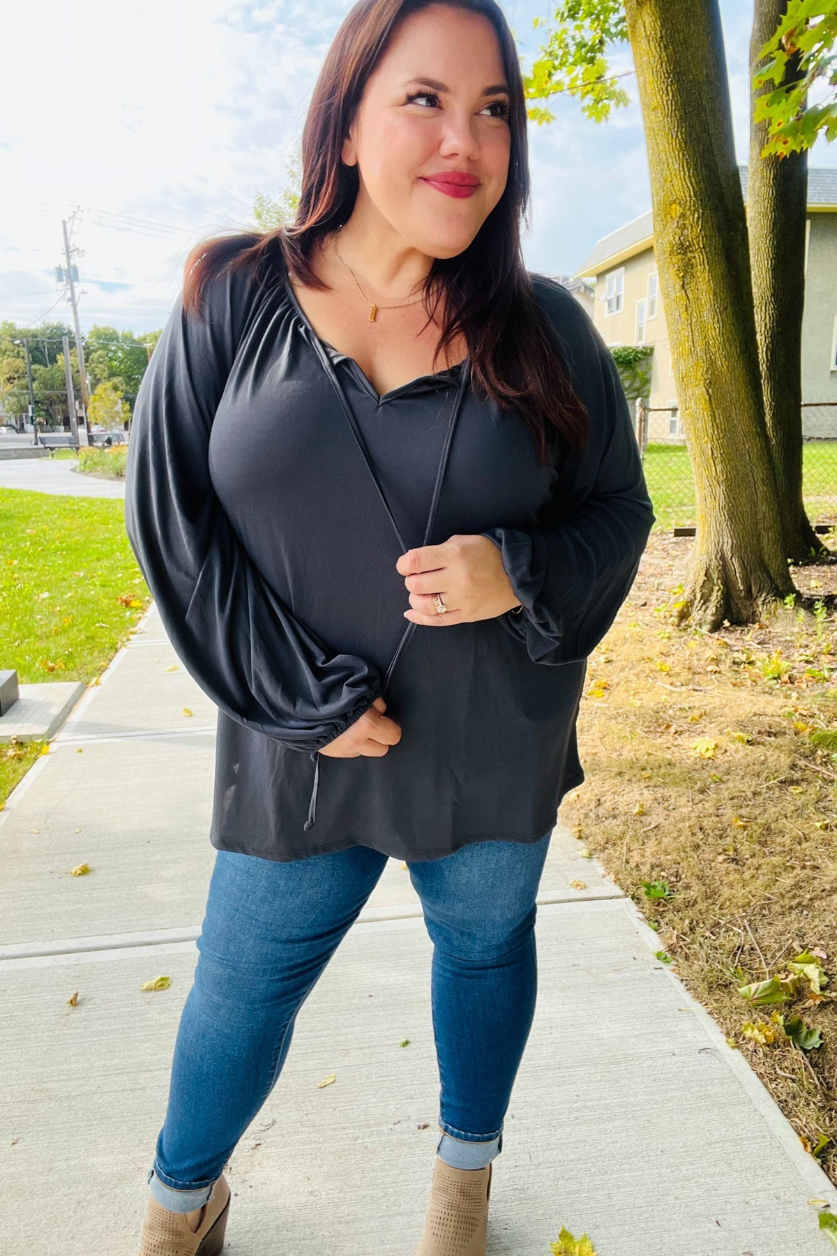 Versatile Charcoal Front Tie Modal Knit Peasant Top - Charming Charlie