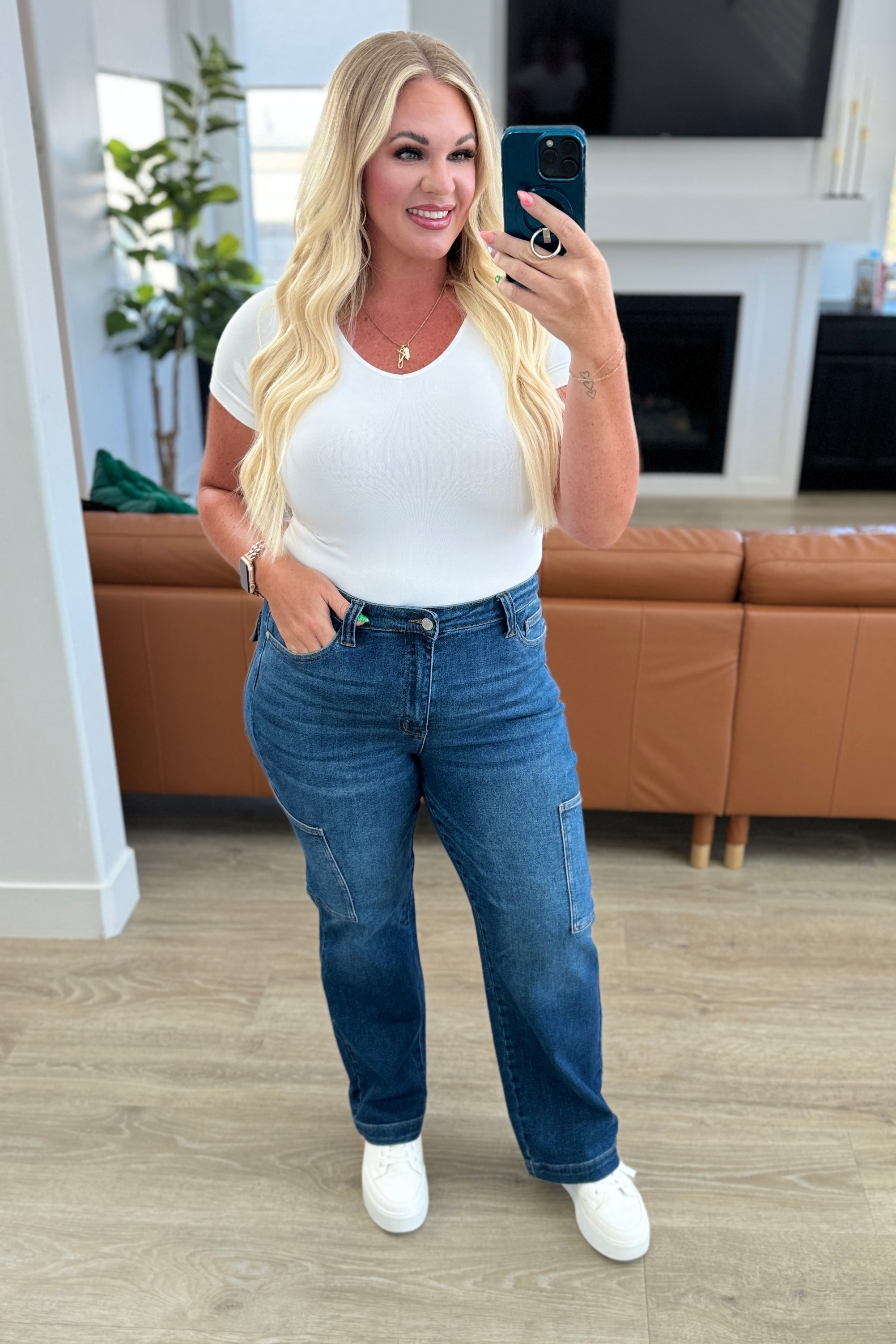 Leila High Rise Cargo Straight Jeans - Charming Charlie