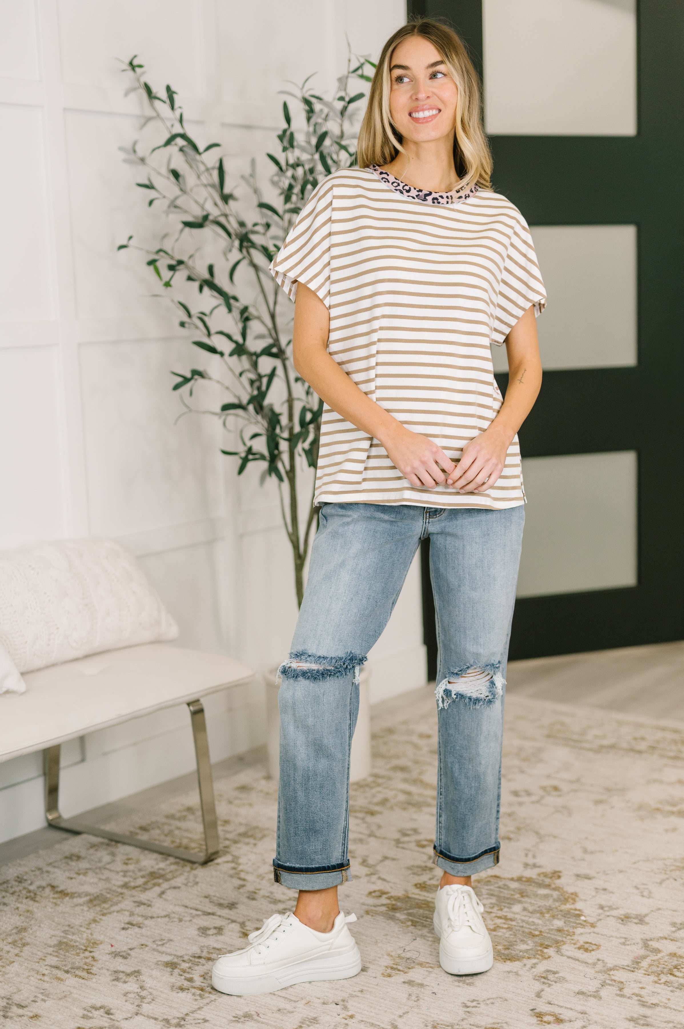 I Think I'm in Love Round Neck Loose Tee in Khaki Leopard - Charming Charlie