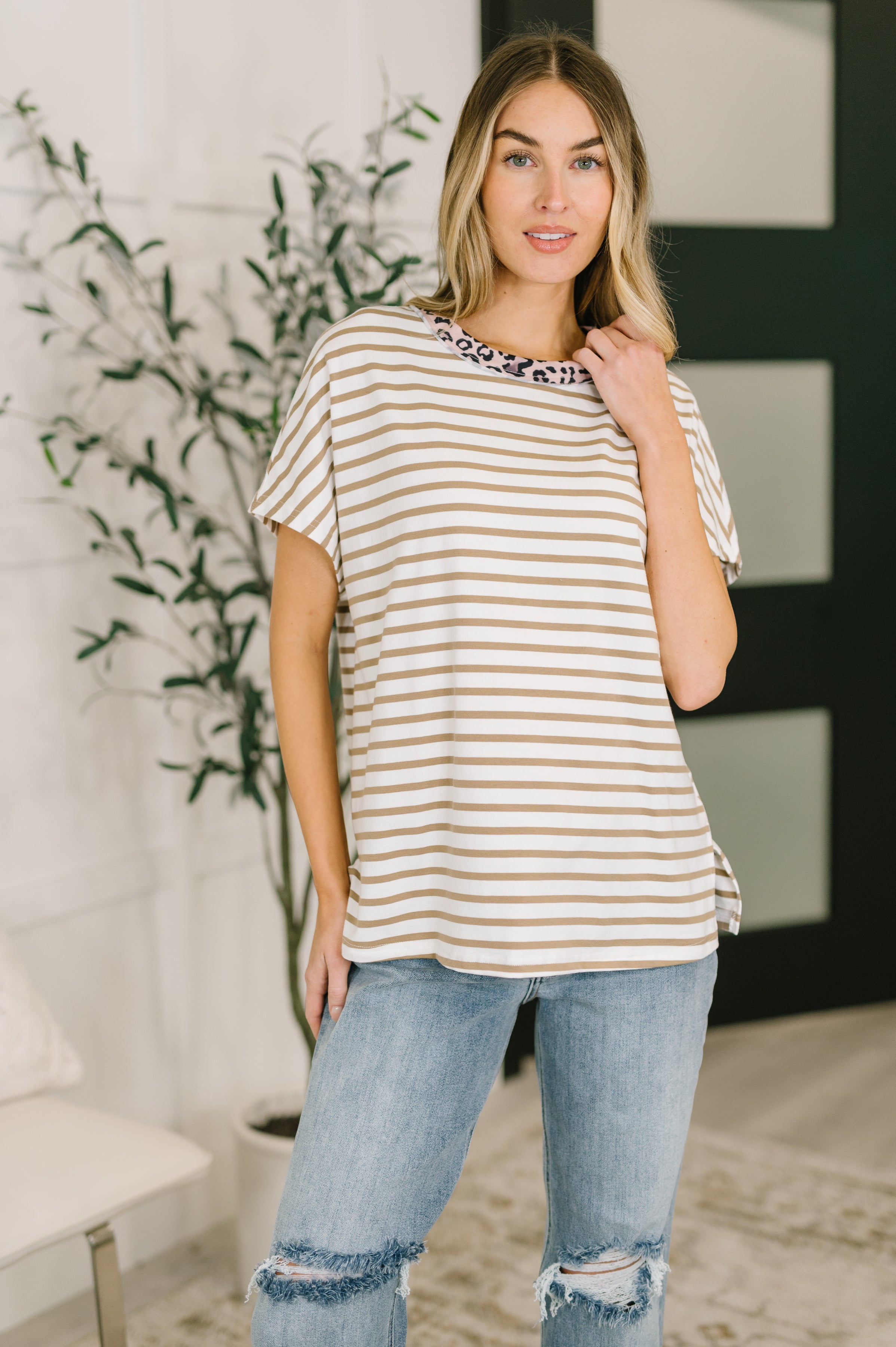 I Think I'm in Love Round Neck Loose Tee in Khaki Leopard - Charming Charlie